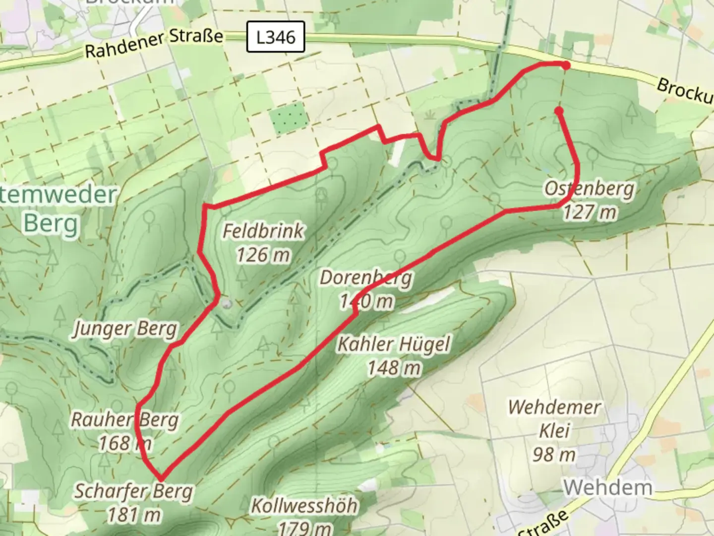 An image depicting the trail Feldbrink, Scharfer Berg and Ostenberg Loop and its surrounding area.