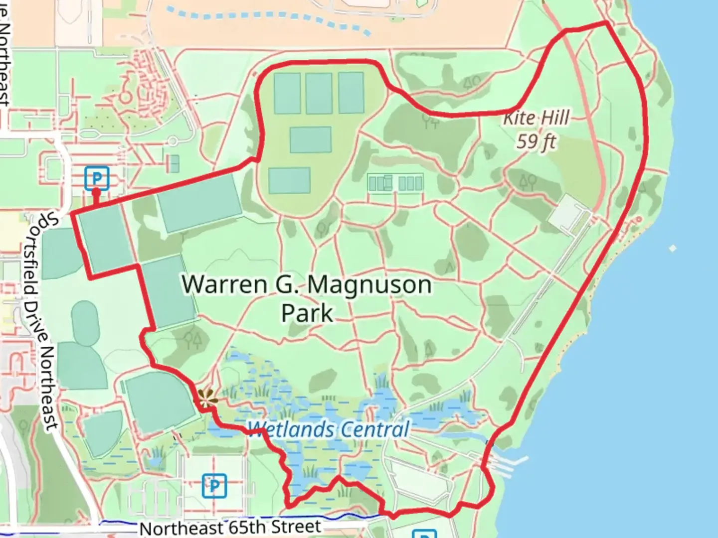 An image depicting the trail Warren G Magnuson Park Loop and its surrounding area.