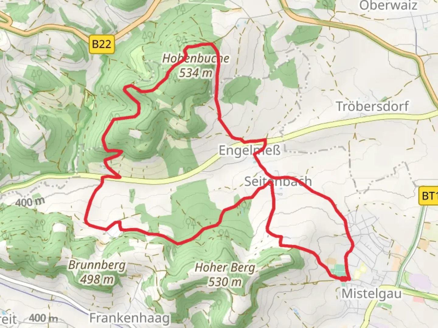 An image depicting the trail Mistelgau Rundwanderweg - Hohenbuche and Eckersdorf - Grosser Rundwanderweg and its surrounding area.