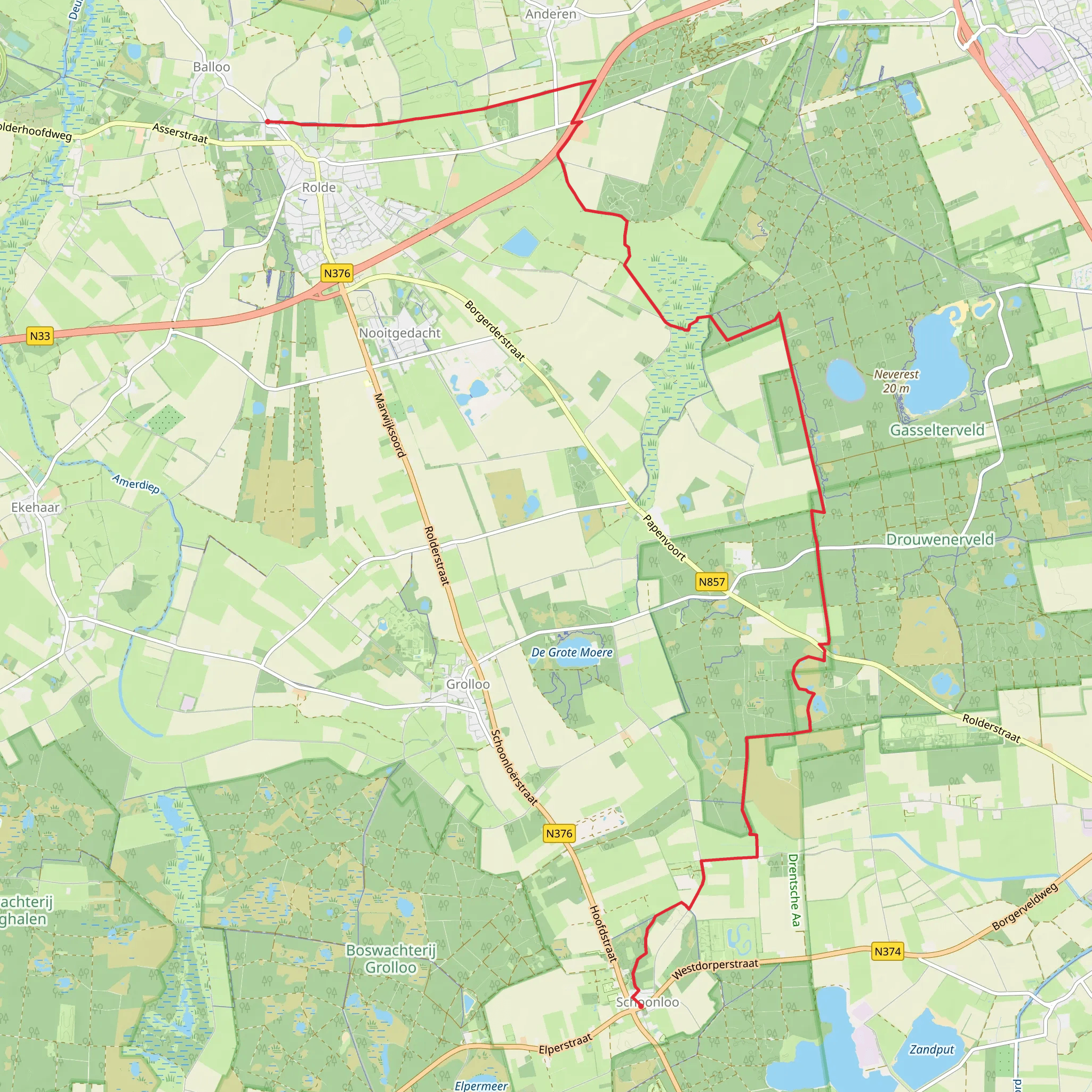 Schoonloo to Rolde via Meindersveen and Westerlanden mobile static map