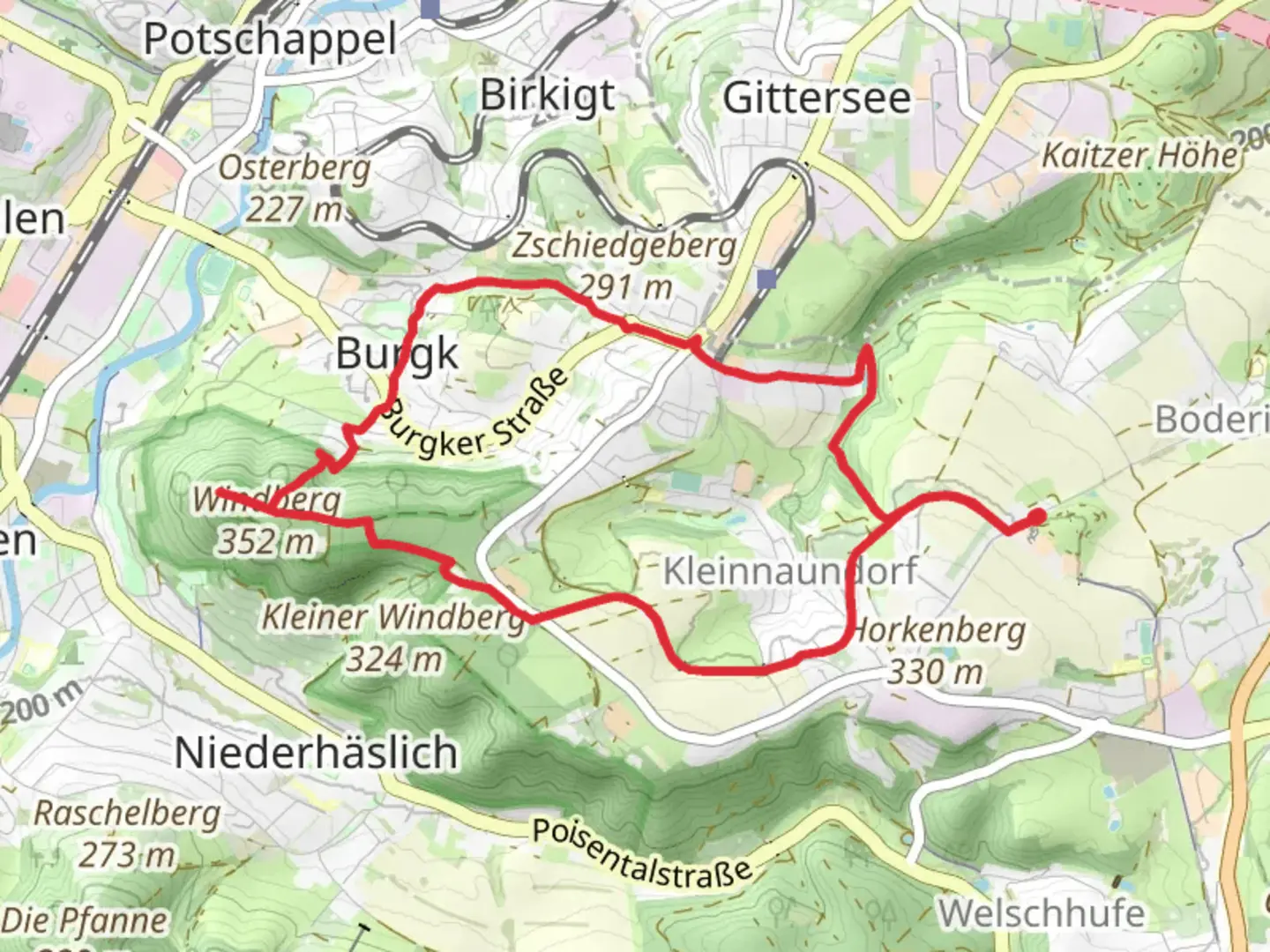 An image depicting the trail Koenig Albert Denkmal and Kaitzbach via Freitaler Wanderweg and its surrounding area.
