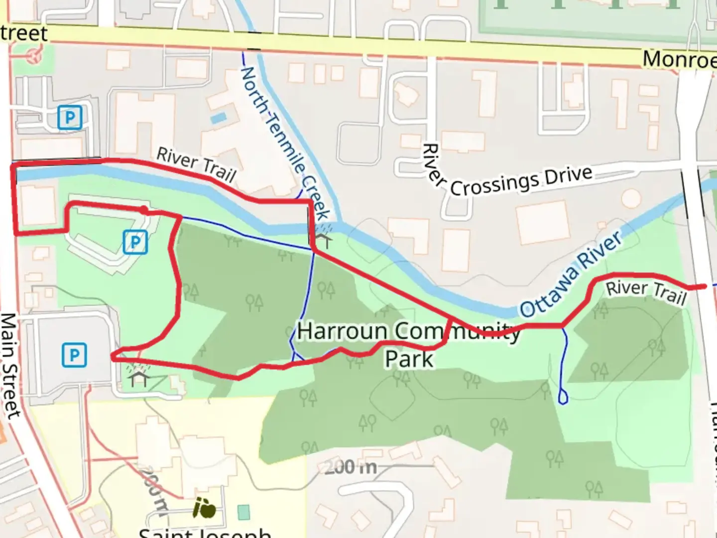 An image depicting the trail Harroun Community Park Loop and its surrounding area.