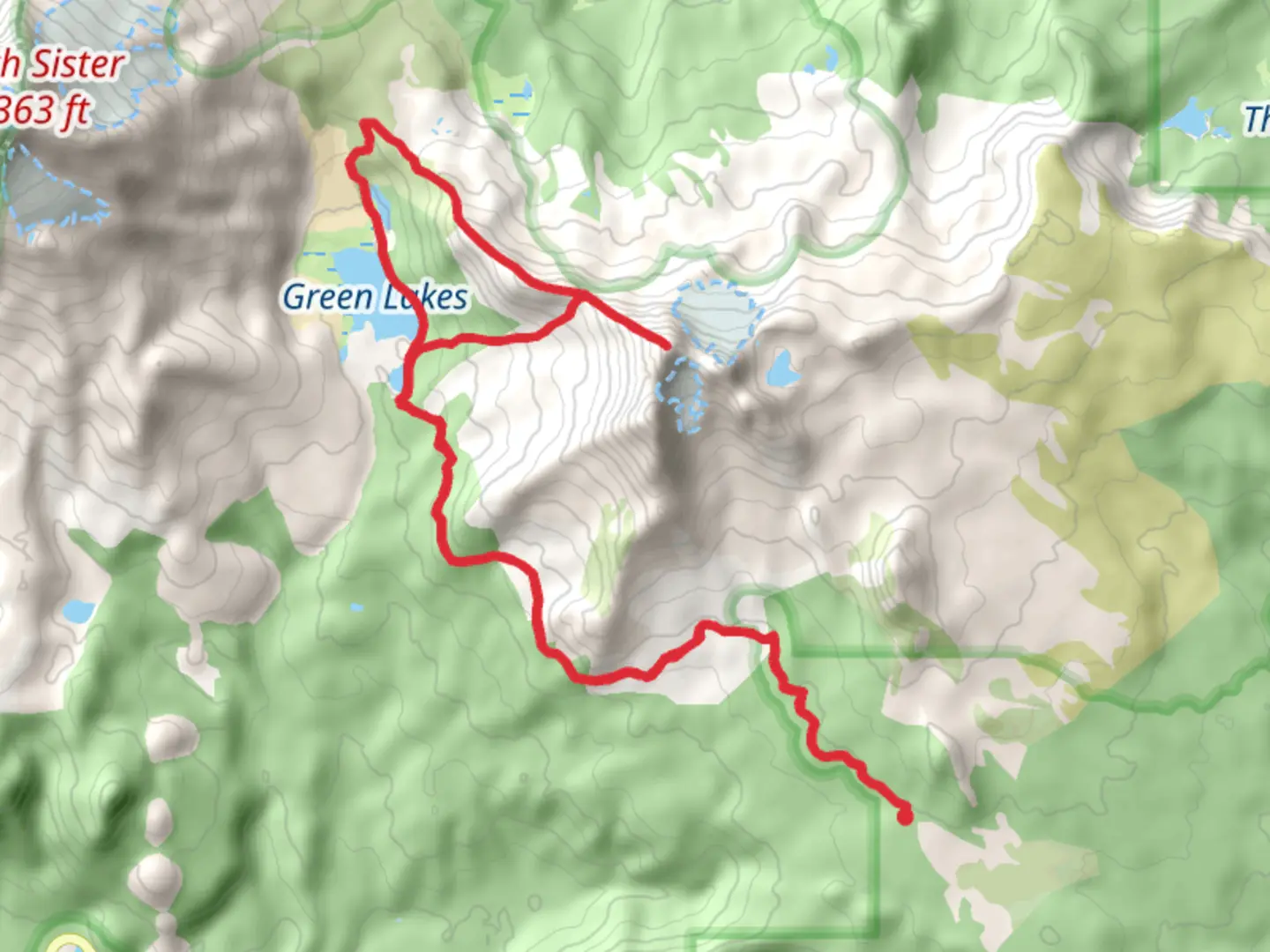 An image depicting the trail Crater Creek Ditch, Broken Top and Green Lakes Loop Trail and its surrounding area.