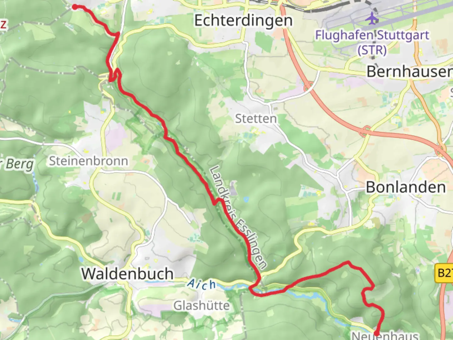 An image depicting the trail Musberg to Neuenhaus via Reichenbachtalstraessle and its surrounding area.