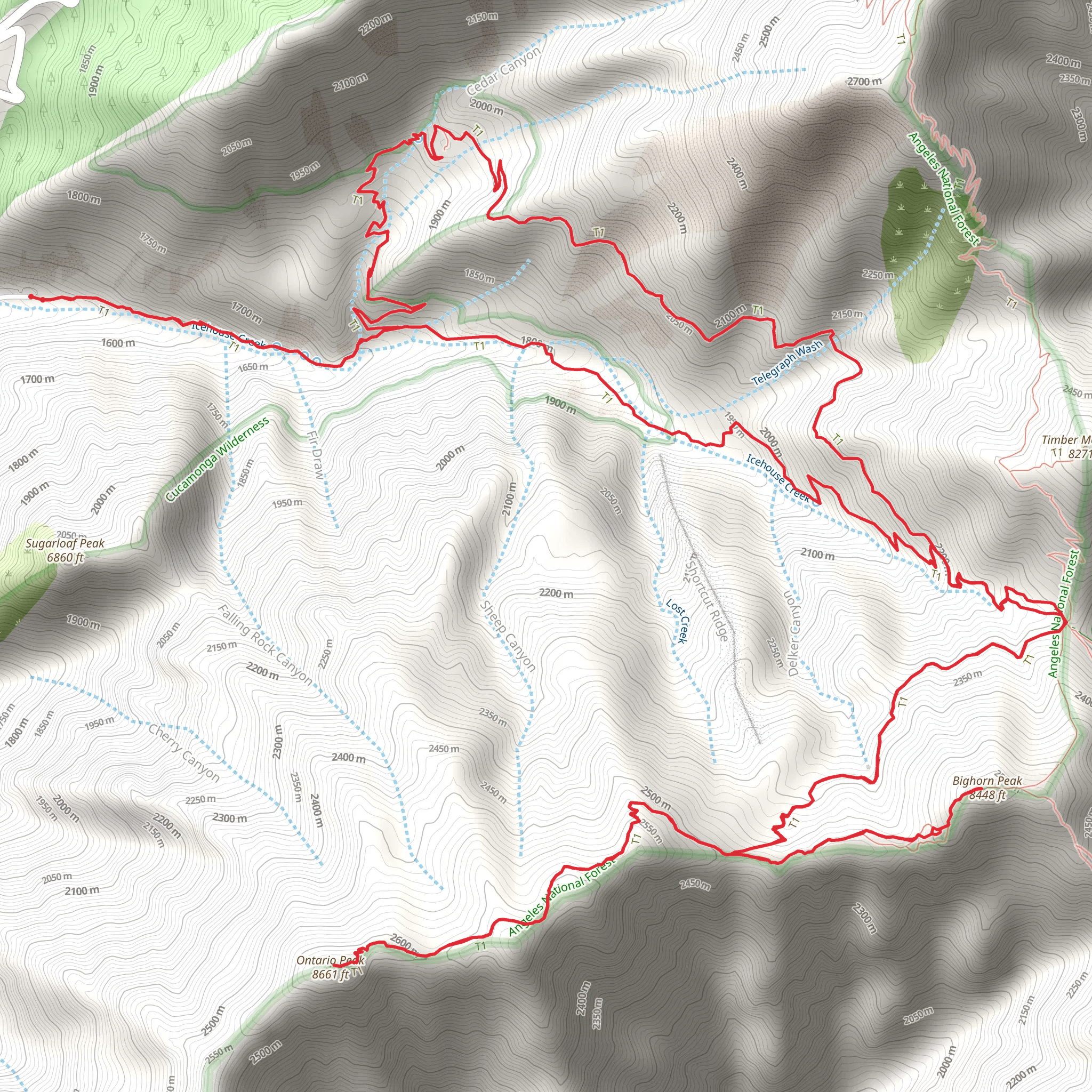 Telegraph Peak - Bighorn Peak - Chapman - Icehouse Canyon Loop Trail mobile static map