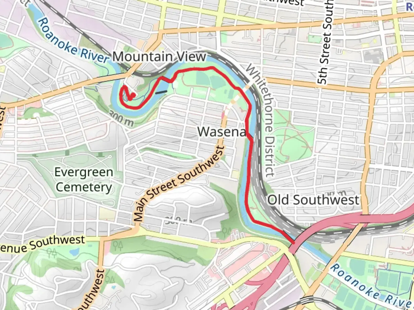 An image depicting the trail Roanoke River Greenway - Vic Thomas Park and its surrounding area.