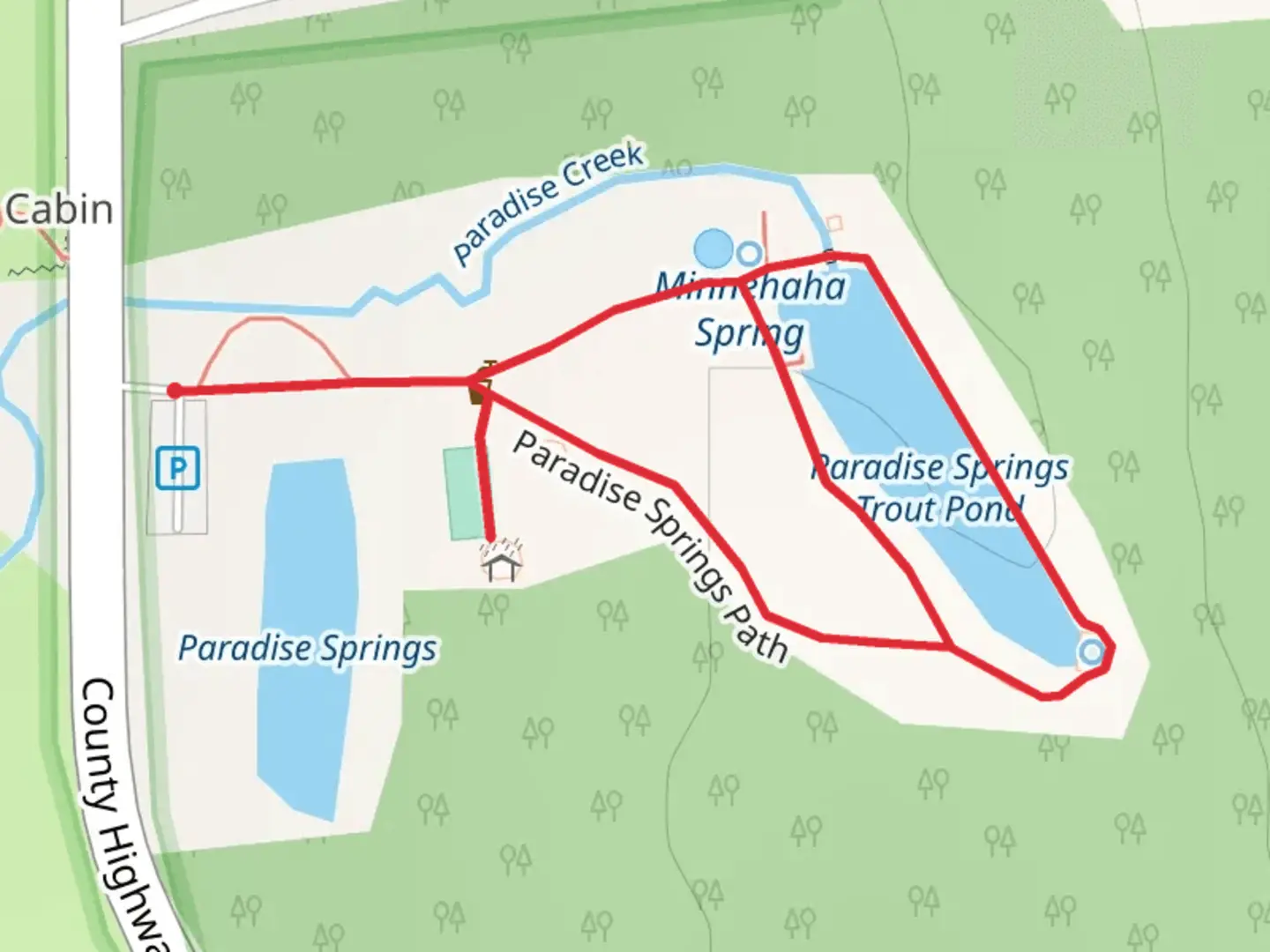 An image depicting the trail Paradise Springs Trout Pond Loop and its surrounding area.