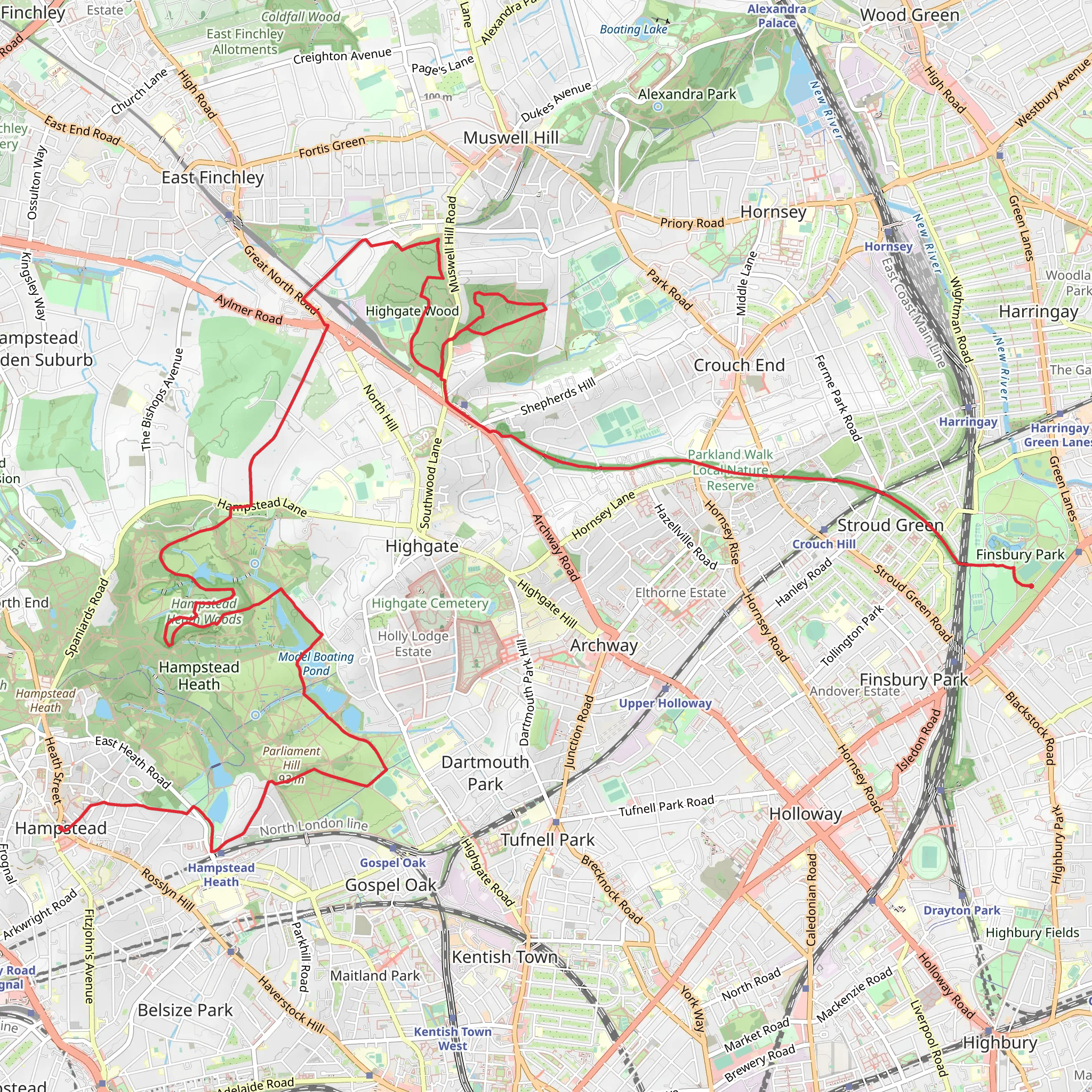 Hampstead to Finsbury Park Walk mobile static map