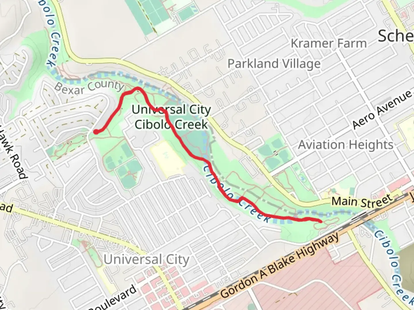 An image depicting the trail Cibolo Creek Main Trail and its surrounding area.