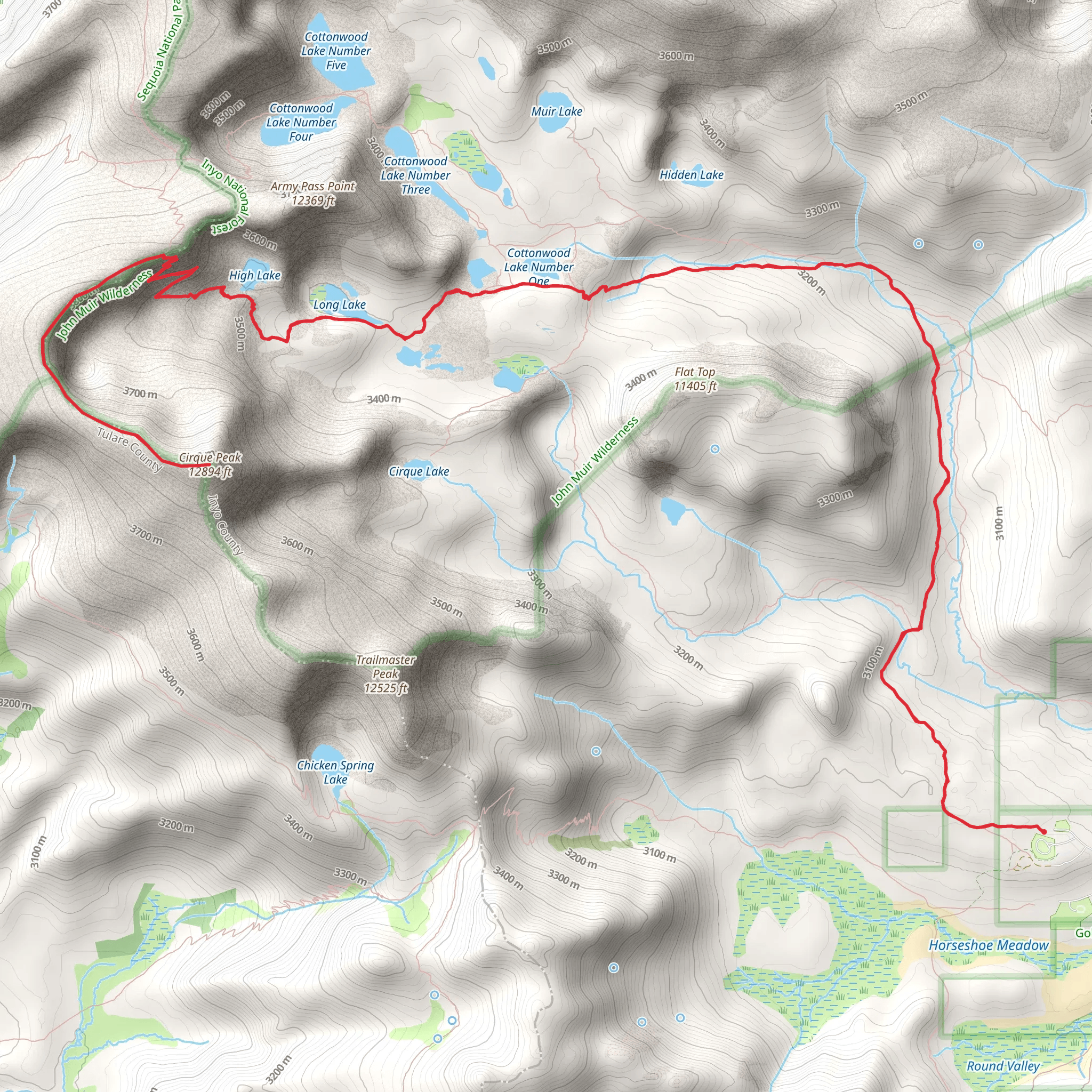 Cirque Peak and New Army Pass via Cottonwood Lakes Trail mobile static map