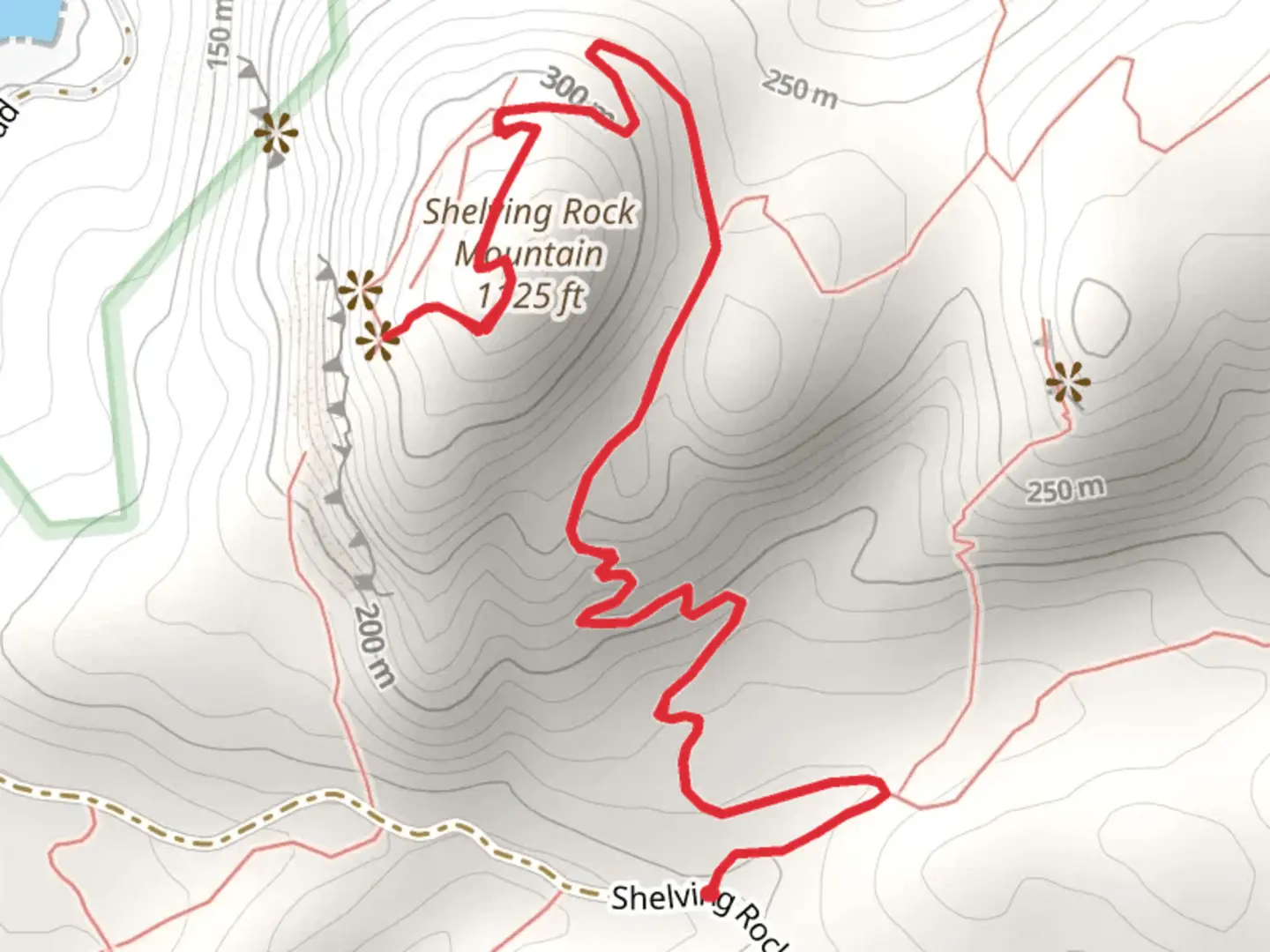 An image depicting the trail Shelving Rock Mountain Trail via Shelving Rock Road and its surrounding area.