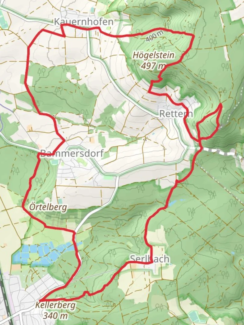 An image depicting the trail Serlbach and Retterner Kanzel Loop and its surrounding area.