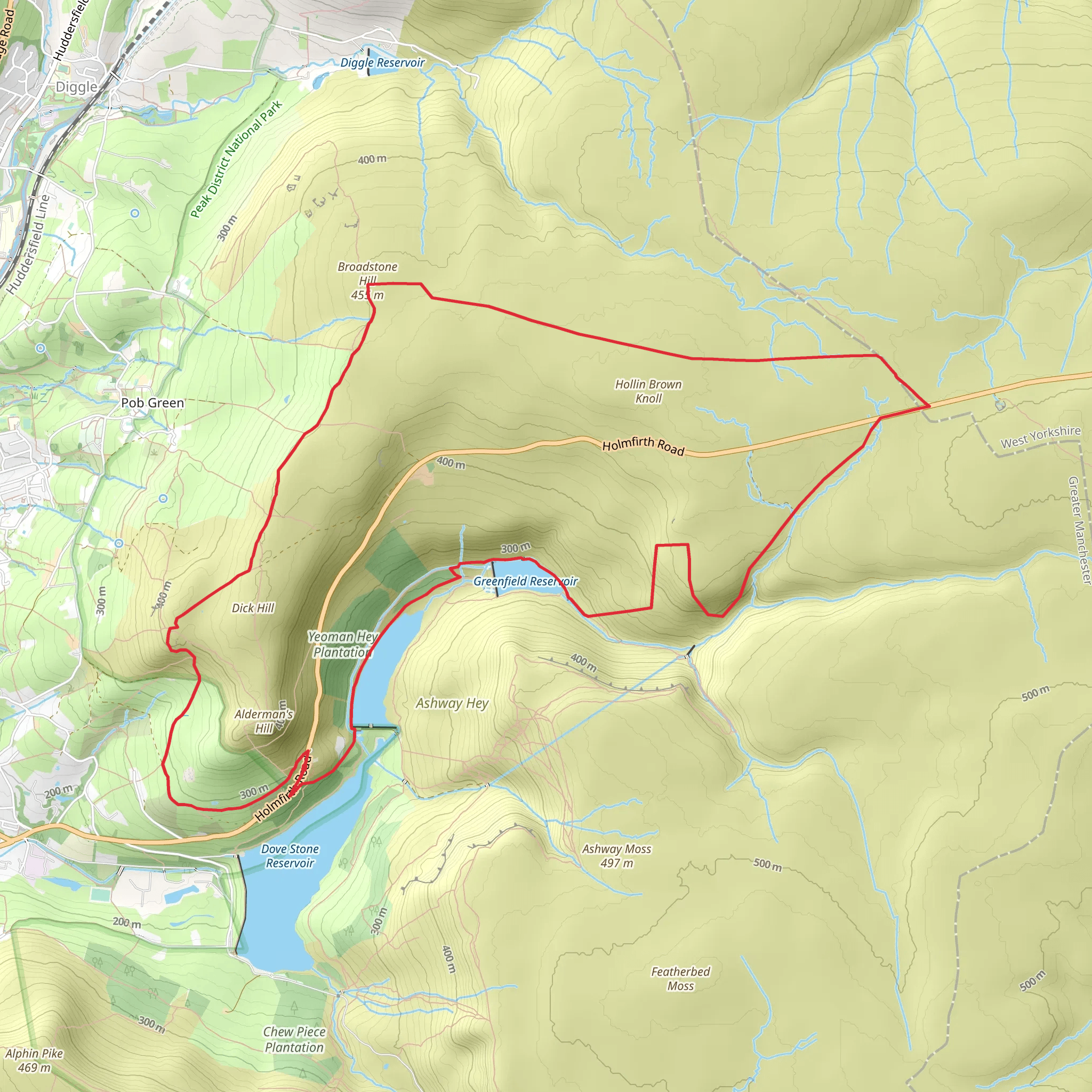 Broadstone Hill and Yeoman Hey Reservoir Loop via Oldham Way mobile static map