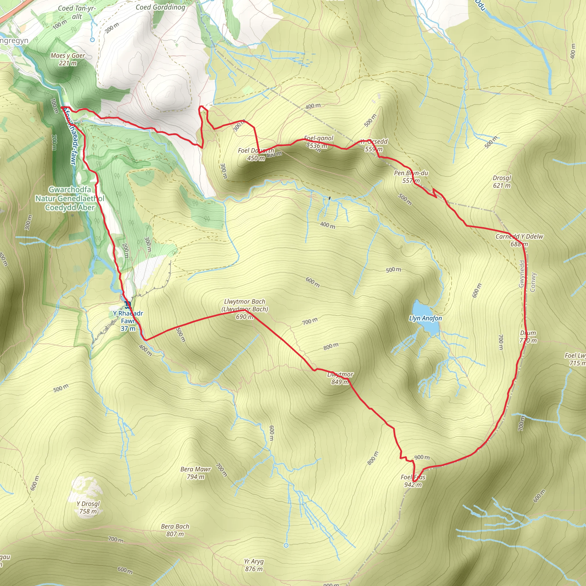 Aber Falls - Foel-fras and Drum from Abergwyngregyn mobile static map