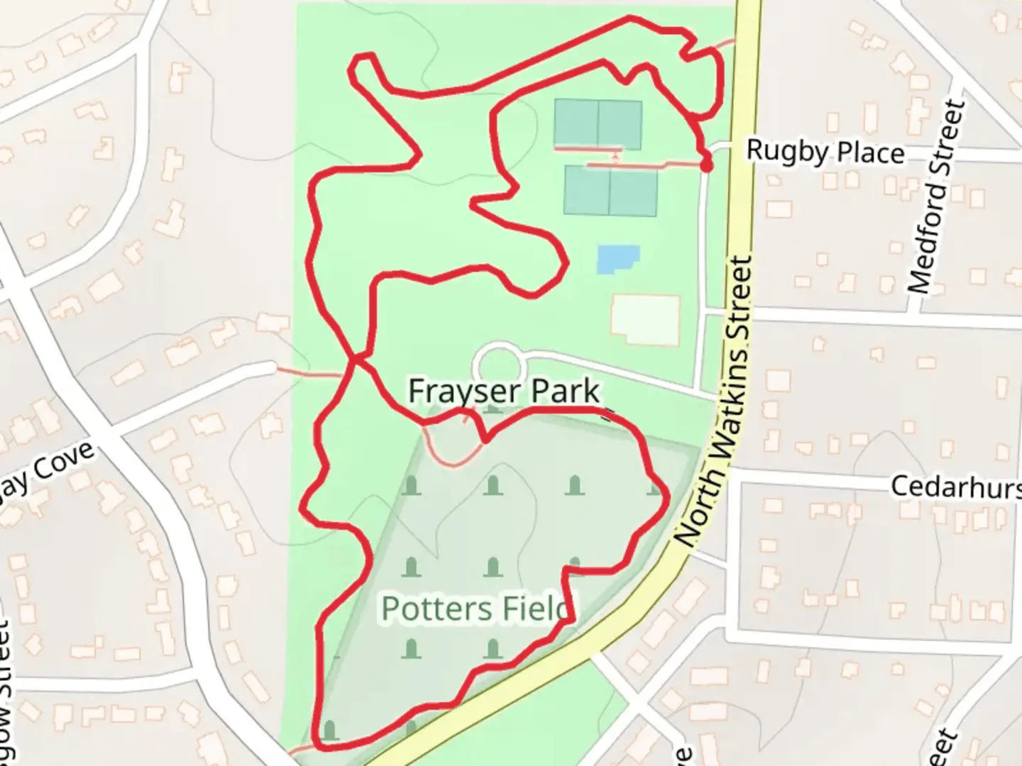 An image depicting the trail Frayser Park Loop and its surrounding area.