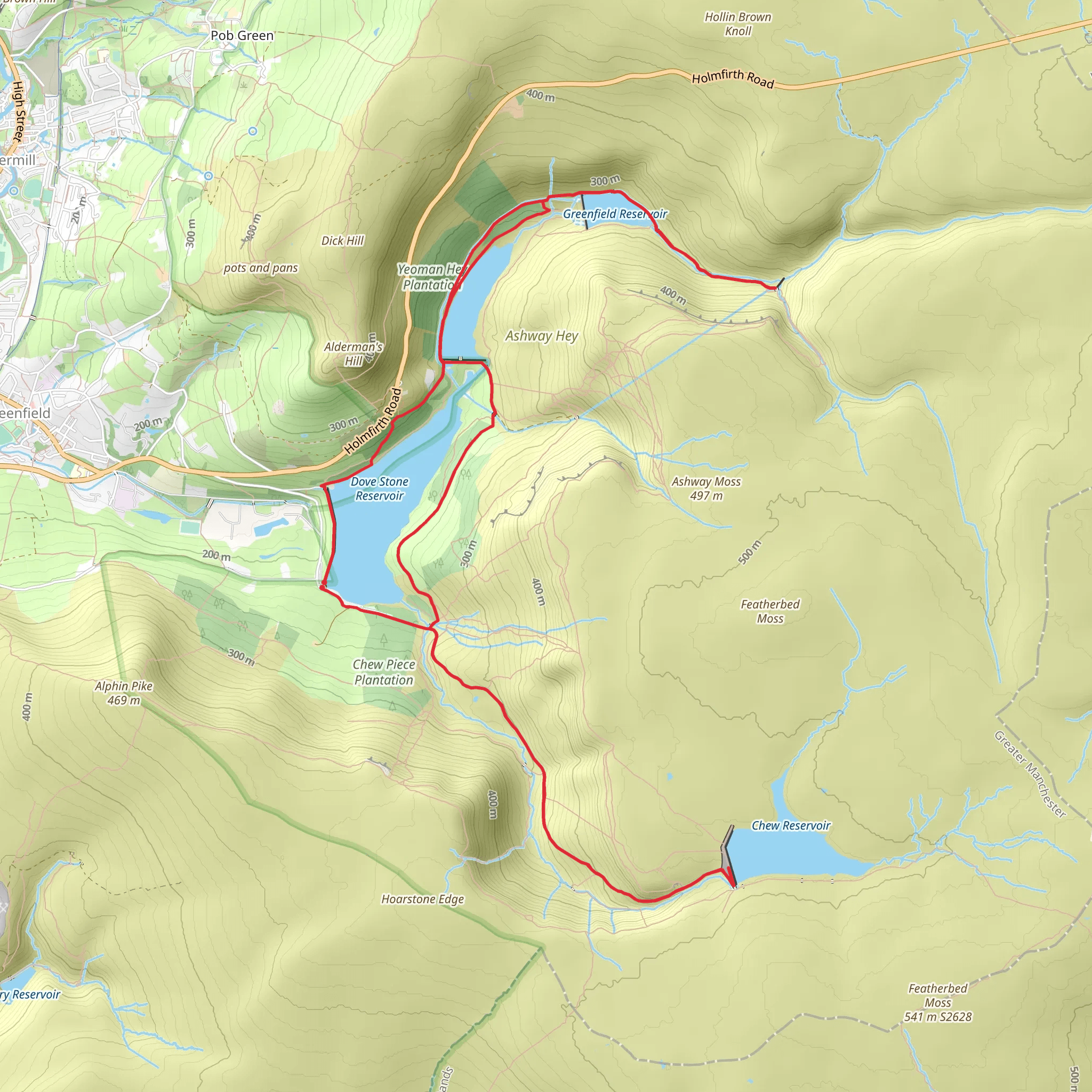 Dovestones, Greenfield Reservoir and Chew Reservoir mobile static map