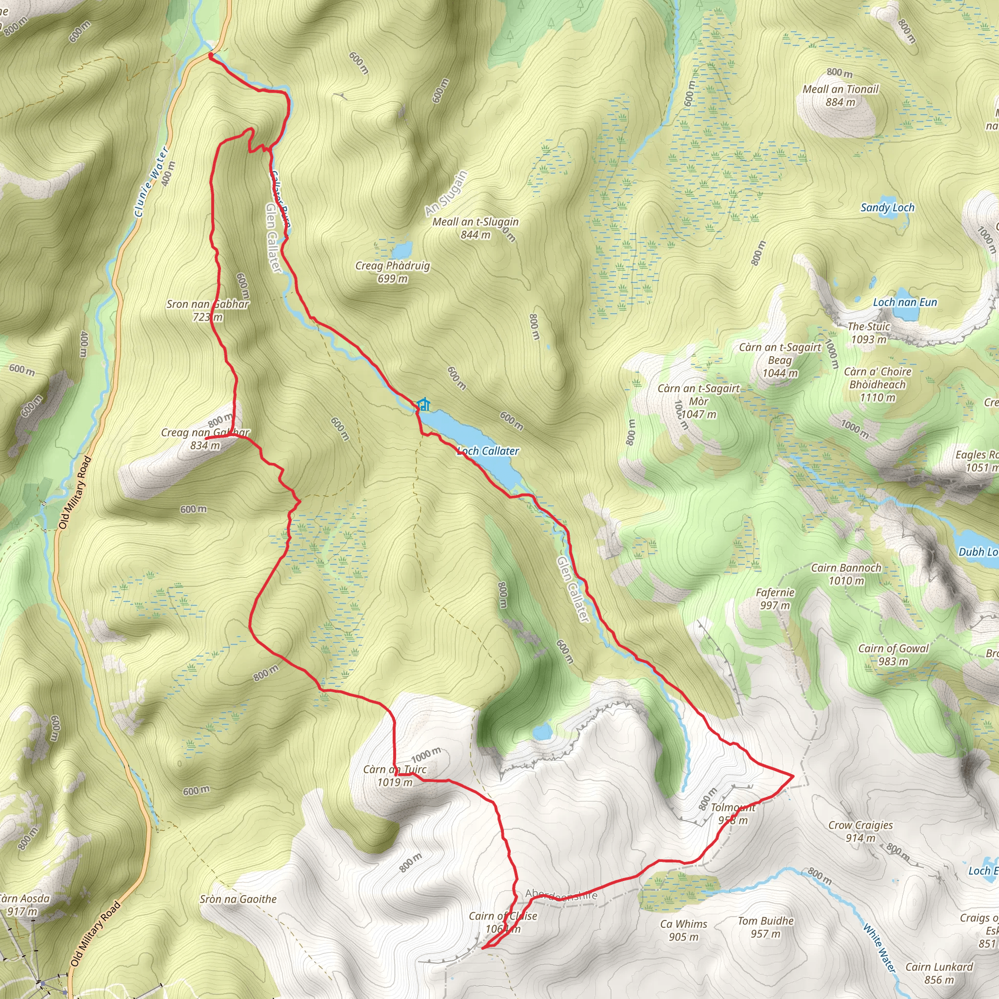 Loch Callater and Cairn of Claise from Auchallater mobile static map