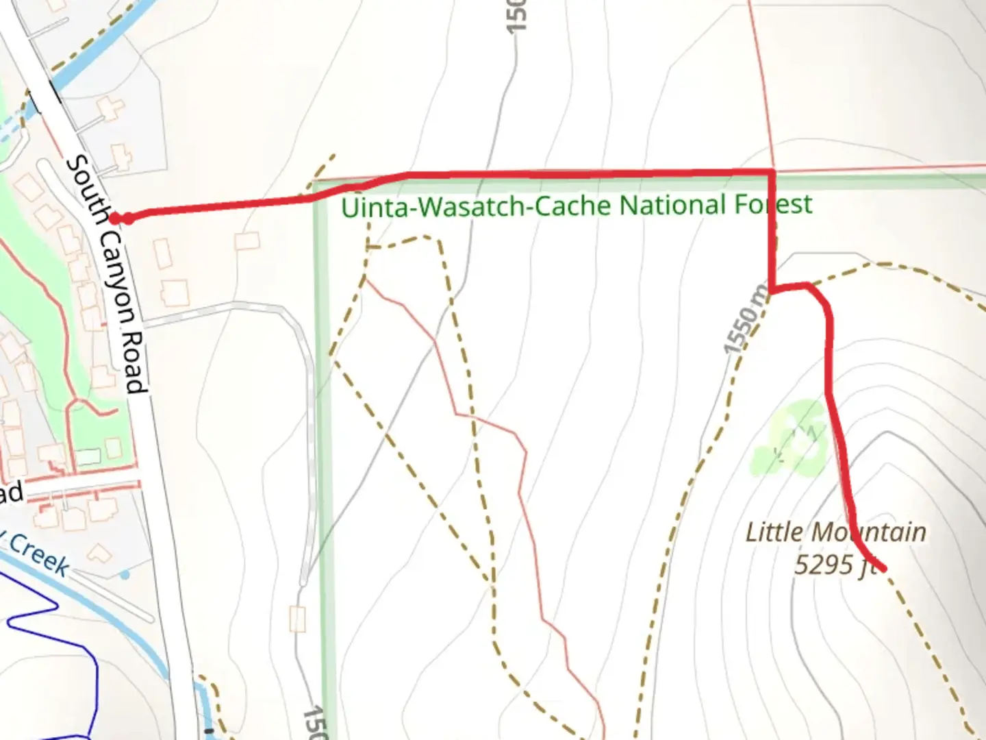 An image depicting the trail Little Mountain Out and Back and its surrounding area.