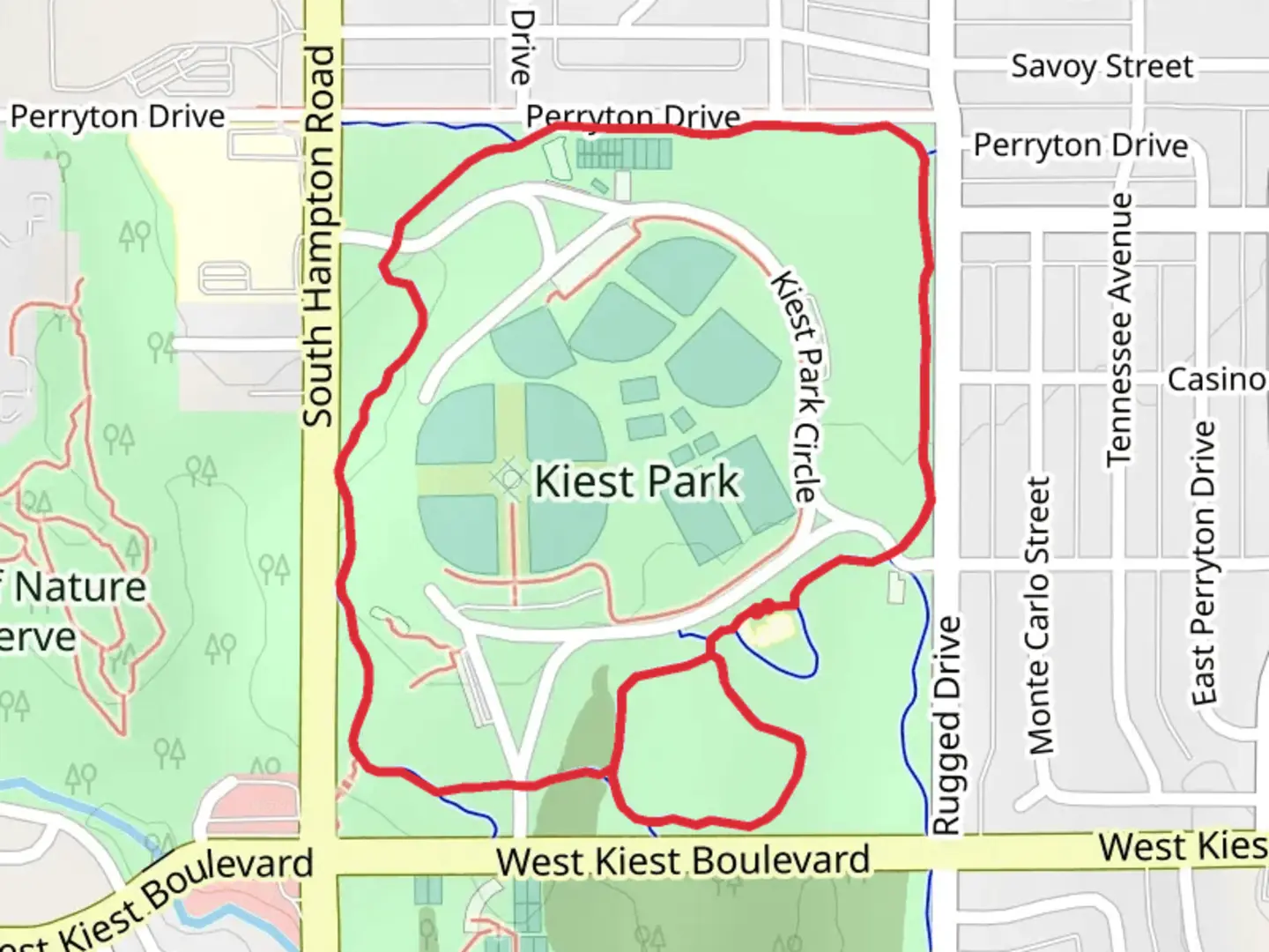 An image depicting the trail Kiest Park Loop and its surrounding area.