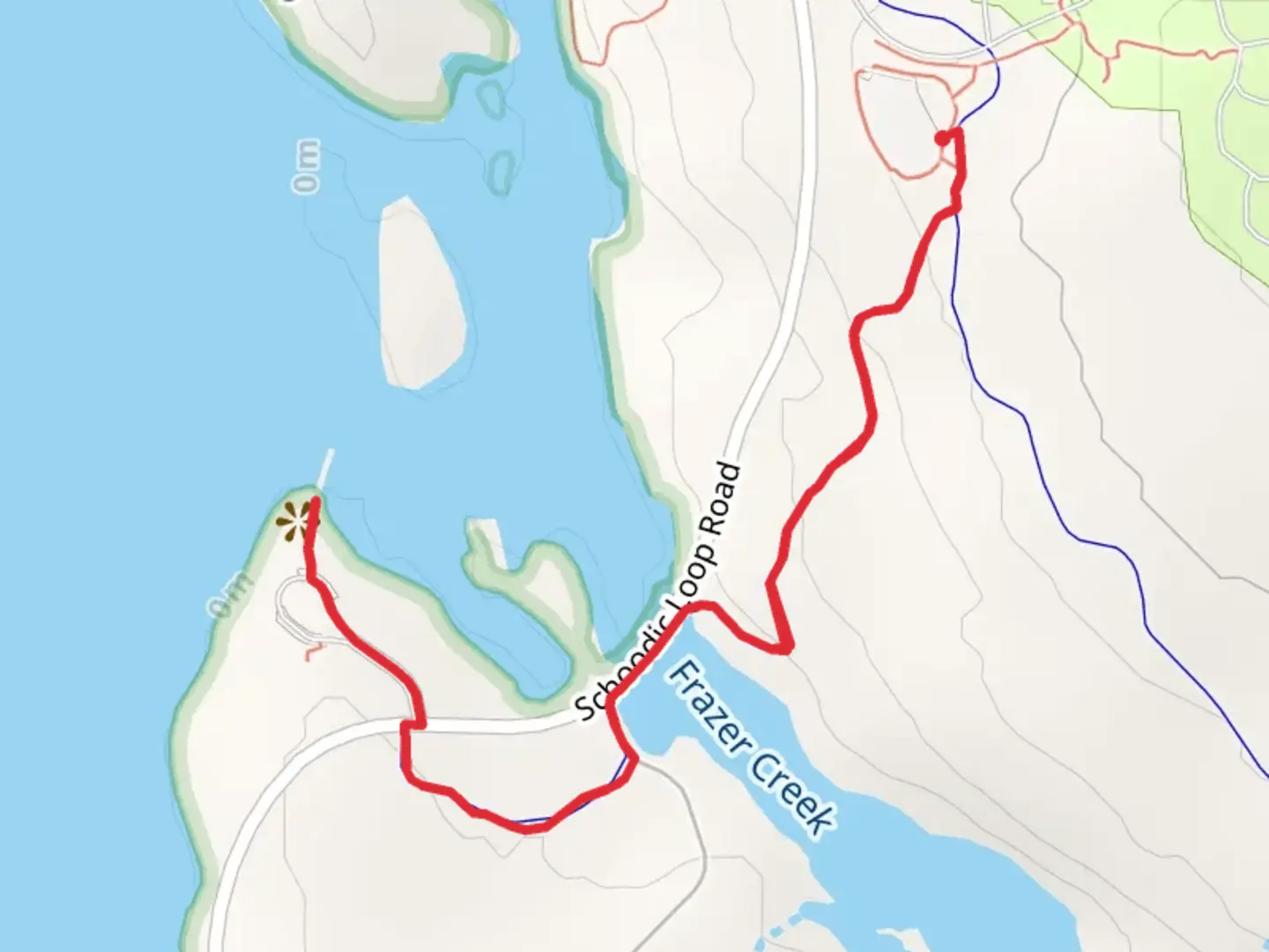 An image depicting the trail Frazer Point via Frazer Creek Path and its surrounding area.