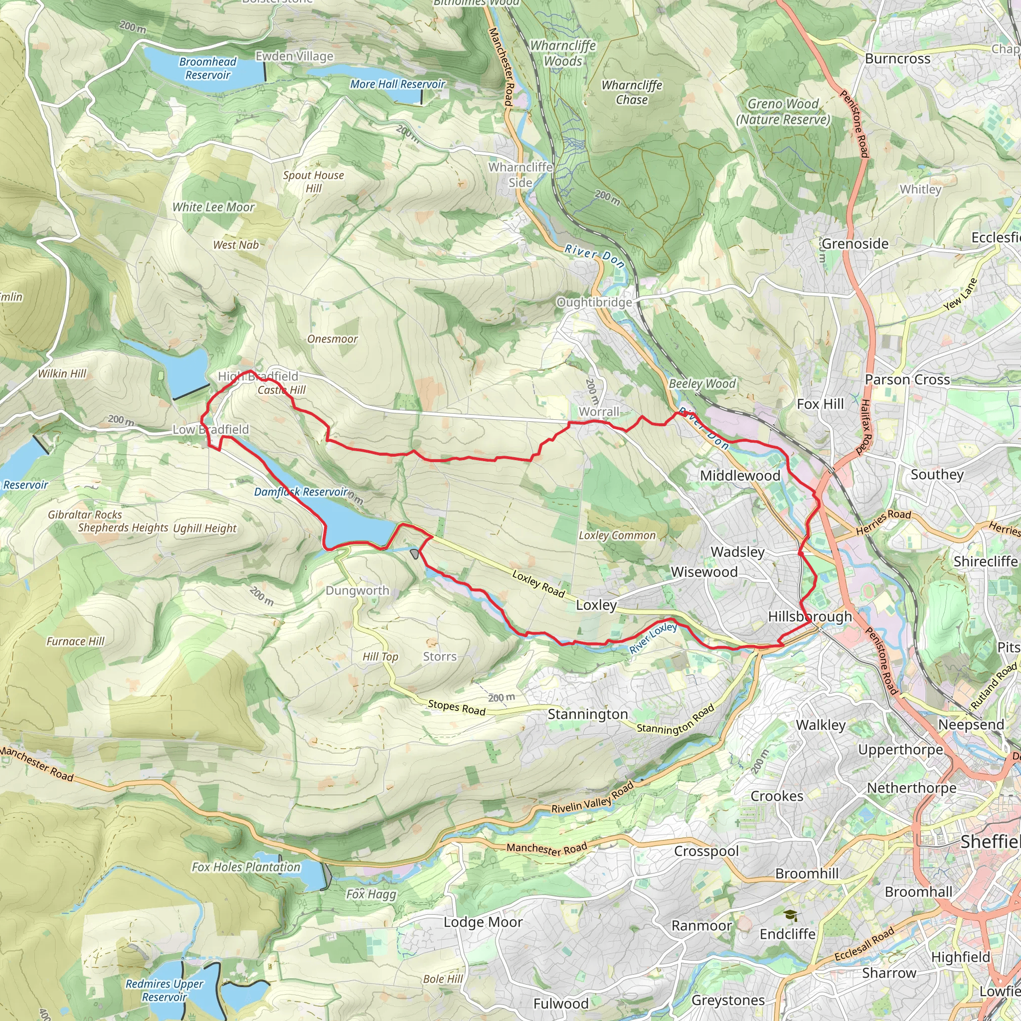 Hillsborough to Bradfield and Loxley Valley mobile static map