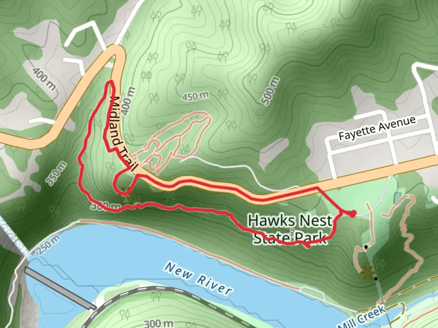 An image depicting the trail Cliffside Trail and Midland Trail Loop and its surrounding area.