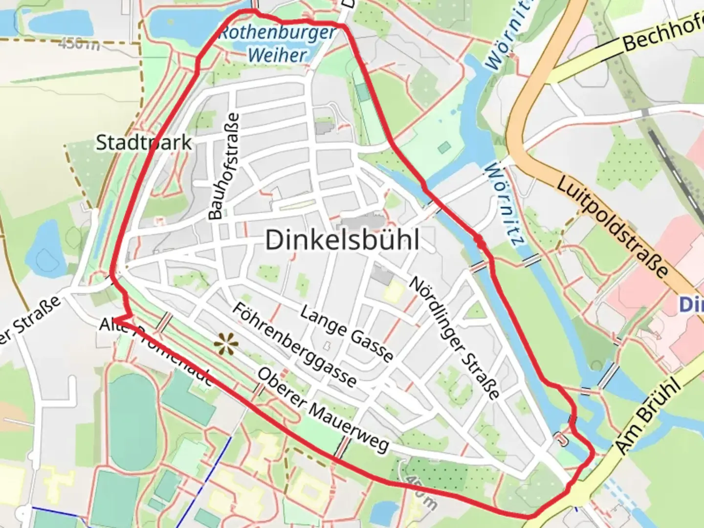 An image depicting the trail Dinkelsbühl Loop via Rundweg Dinkelsbühl St Ulrich and its surrounding area.