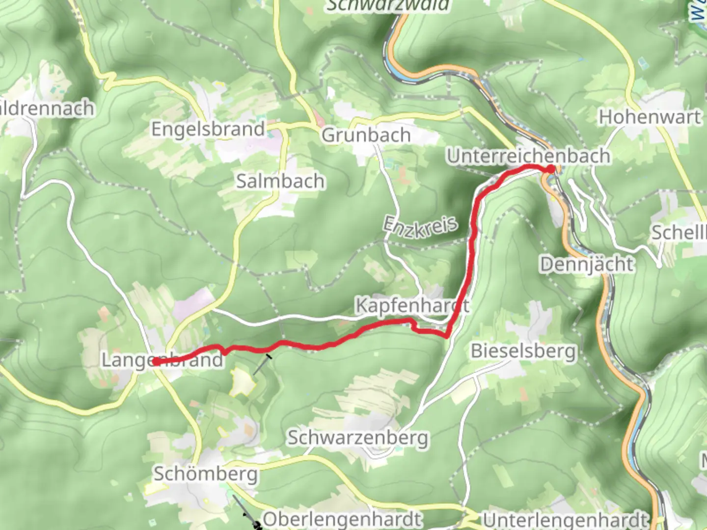 An image depicting the trail Unterreichenbach to Langenbrand via Eulenbach - Jaegerhof and its surrounding area.