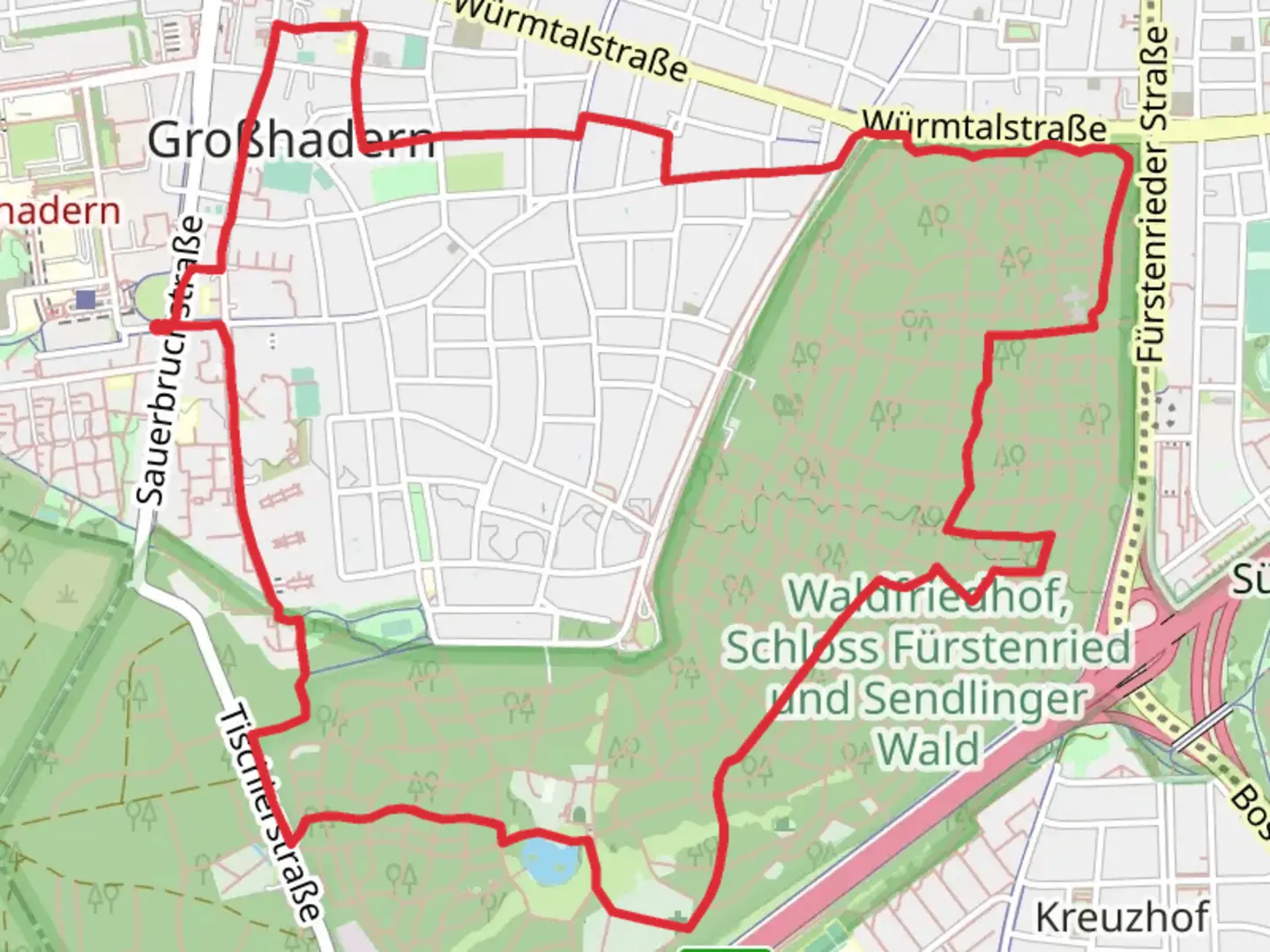 An image depicting the trail Waldfriedhof Loop and its surrounding area.