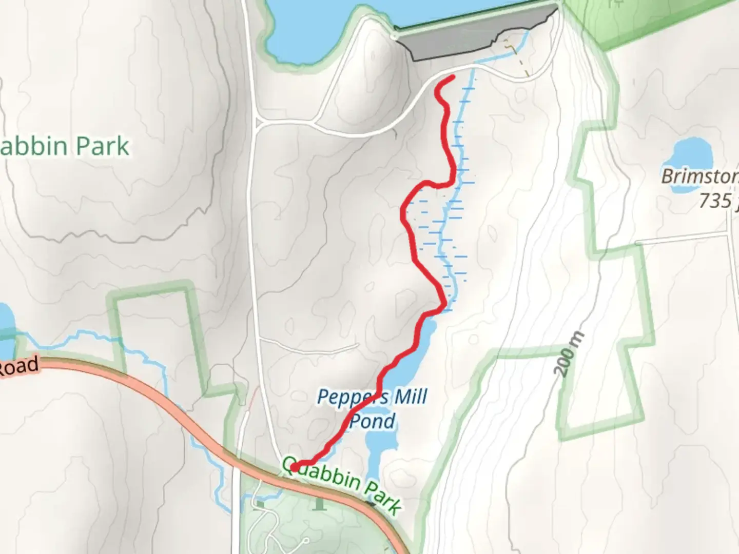 An image depicting the trail Peppers Mill Pond via Beaver Brook and its surrounding area.