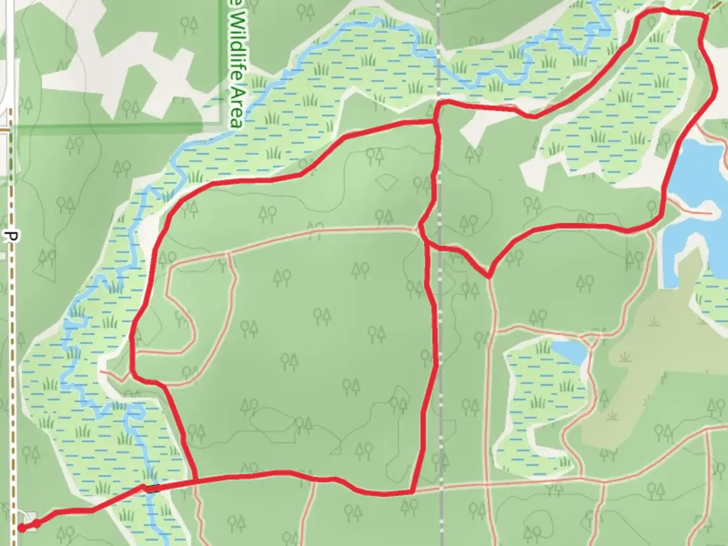 An image depicting the trail Impoundment from Peacock Road and its surrounding area.