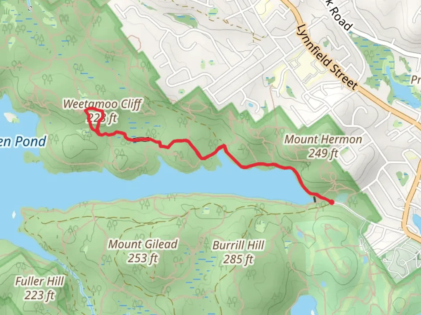 An image depicting the trail Weetamoo Cliff via Overlook Trail and its surrounding area.