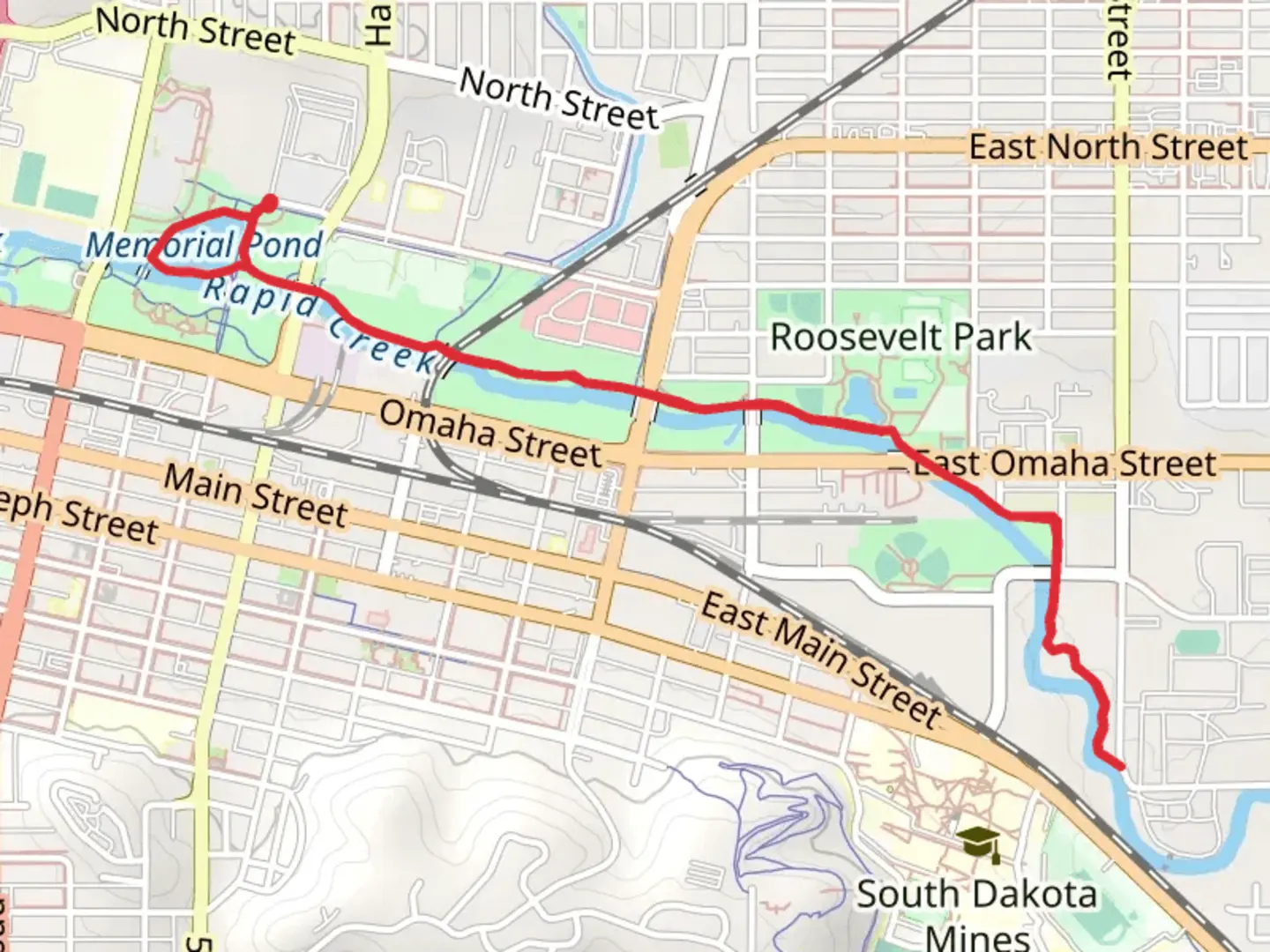 An image depicting the trail Memorial Pond via Rapid City Path and its surrounding area.