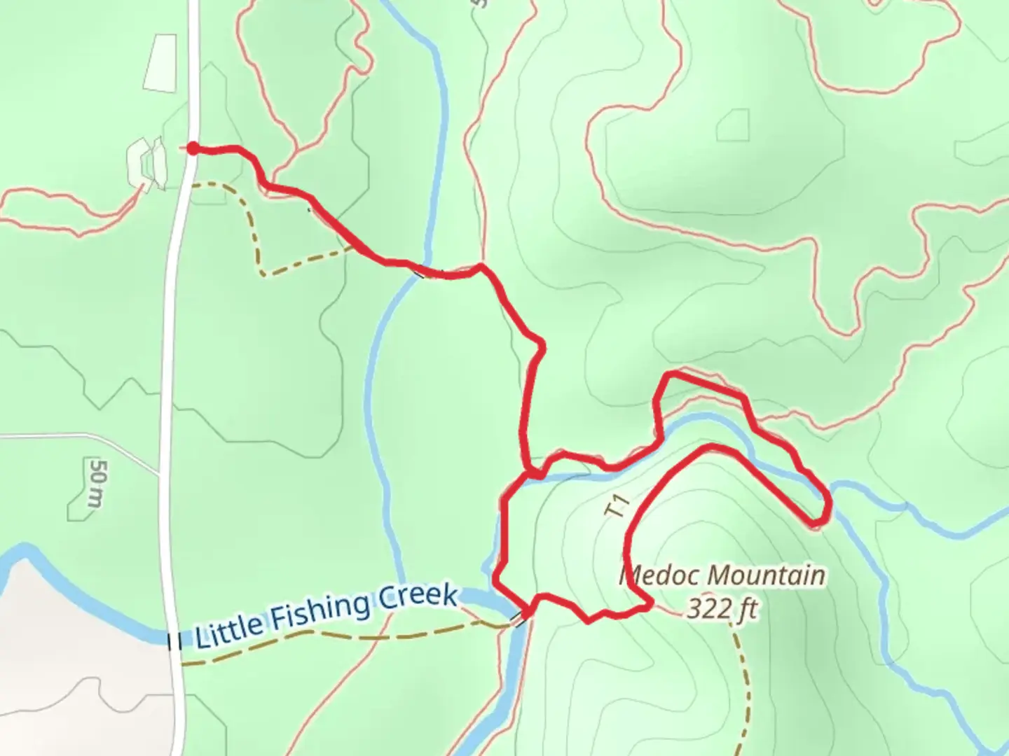 An image depicting the trail Medoc Mountain via Dam Site Loop and its surrounding area.