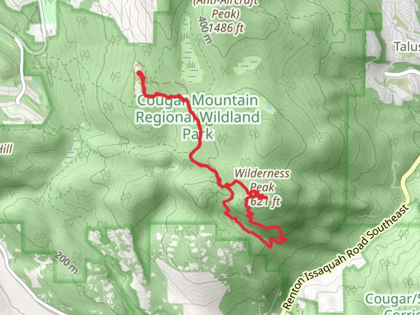 An image depicting the trail Shy Bear Trail, Wilderness Cliffs Trail and Whittaker Wilderness Peak Trail and its surrounding area.