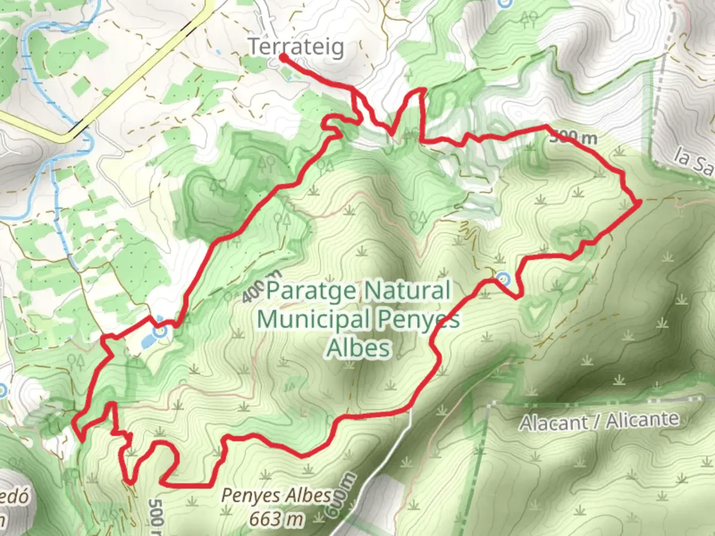 An image depicting the trail Route through the Penyes Albes PR CV 390 and its surrounding area.