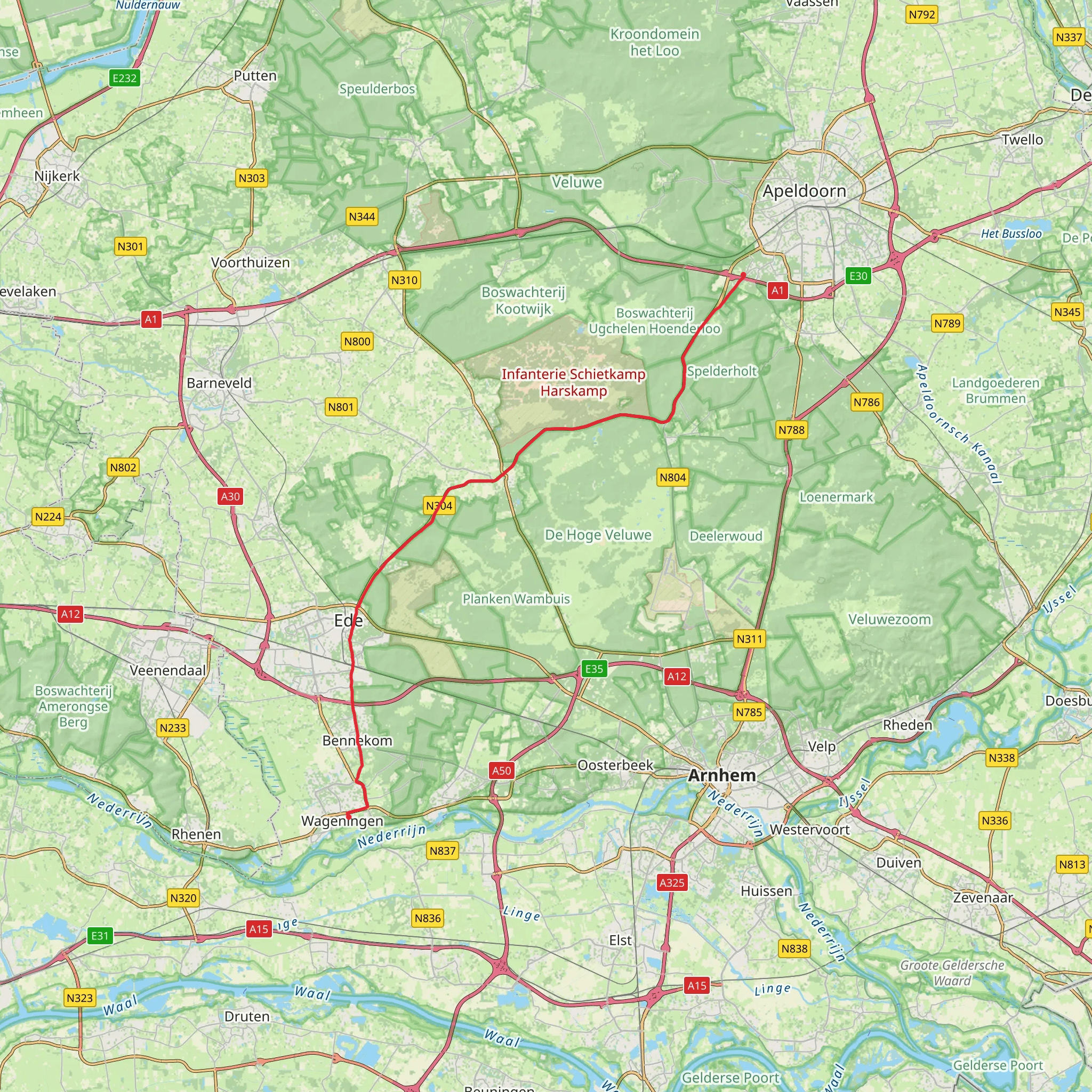 Ugchelen to Wageningen via Hoenderloseweg and Apeldoornseweg mobile static map