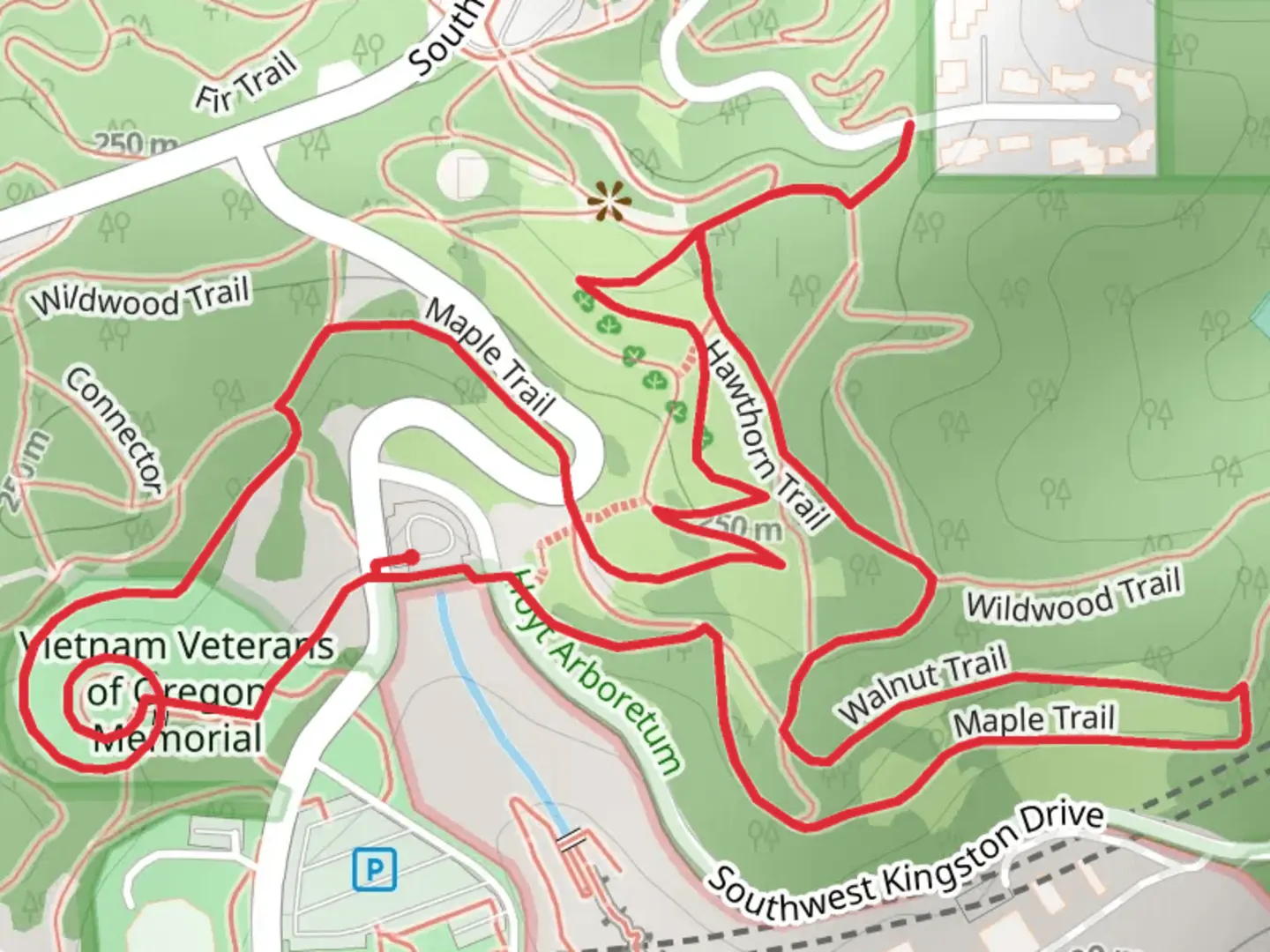 An image depicting the trail Vietnam Veterans Memorial, Hawthorn and Maple Loop Trail and its surrounding area.