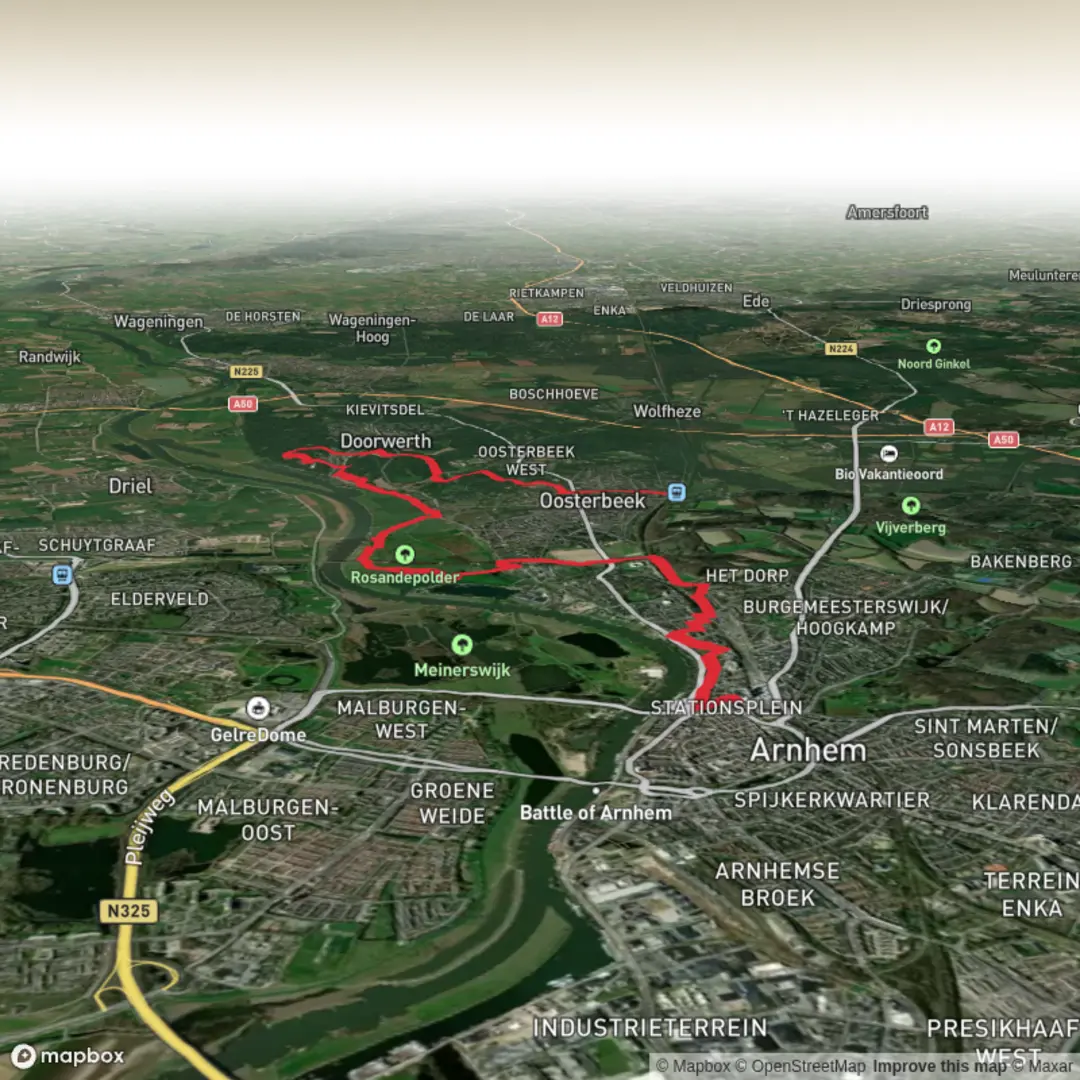 An image depicting the trail Arnhem Centraal to Oosterbeek via Rosandepad and its surrounding area.