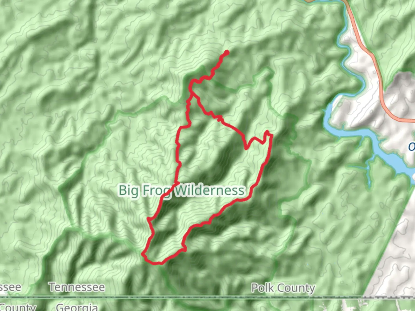 An image depicting the trail Chimneytop, Big Frog Mountain and Licklog Top Loop via Big Frog and its surrounding area.