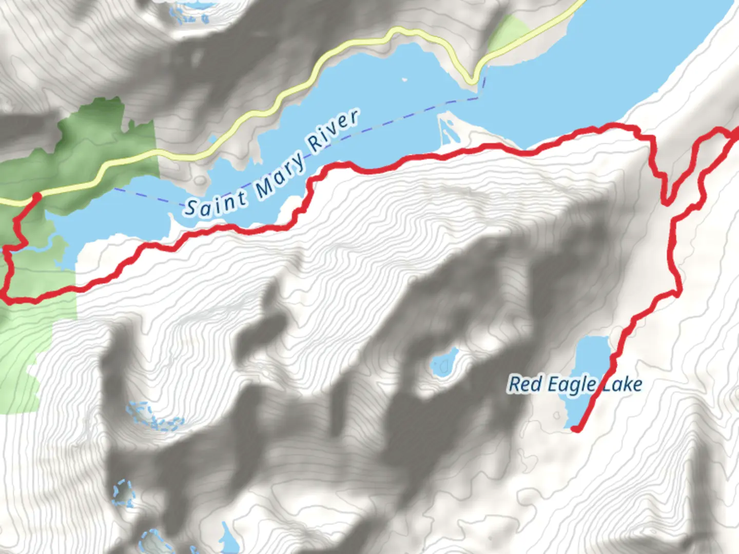 An image depicting the trail St Mary Lake and Red Eagle Lake and its surrounding area.