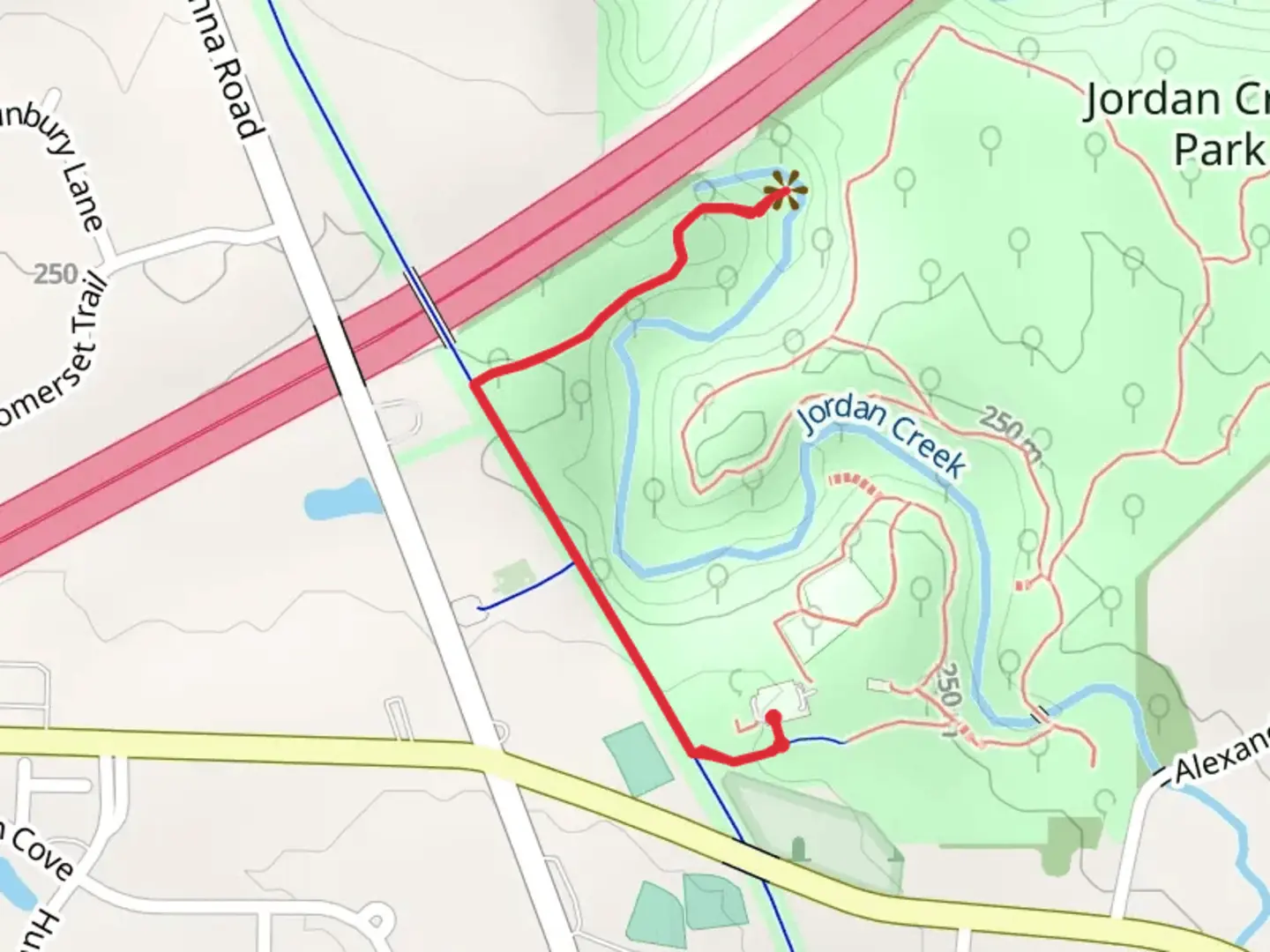 An image depicting the trail Chair Factory Falls Trail and its surrounding area.