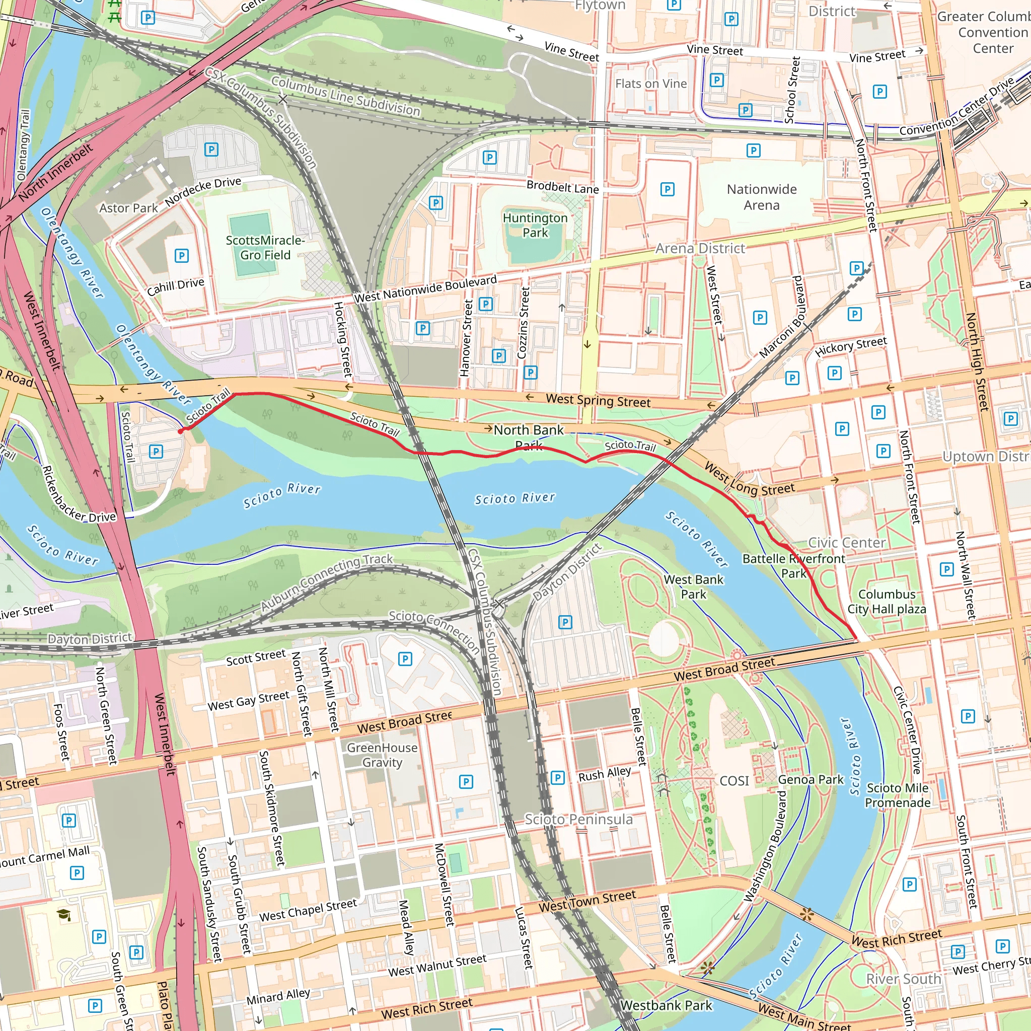 Scioto Short Trail from West Innerbelt mobile static map