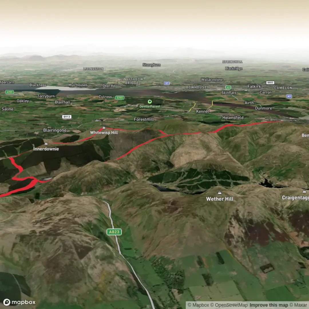 An image depicting the trail Ben Cleuch via Glen Sherup and its surrounding area.