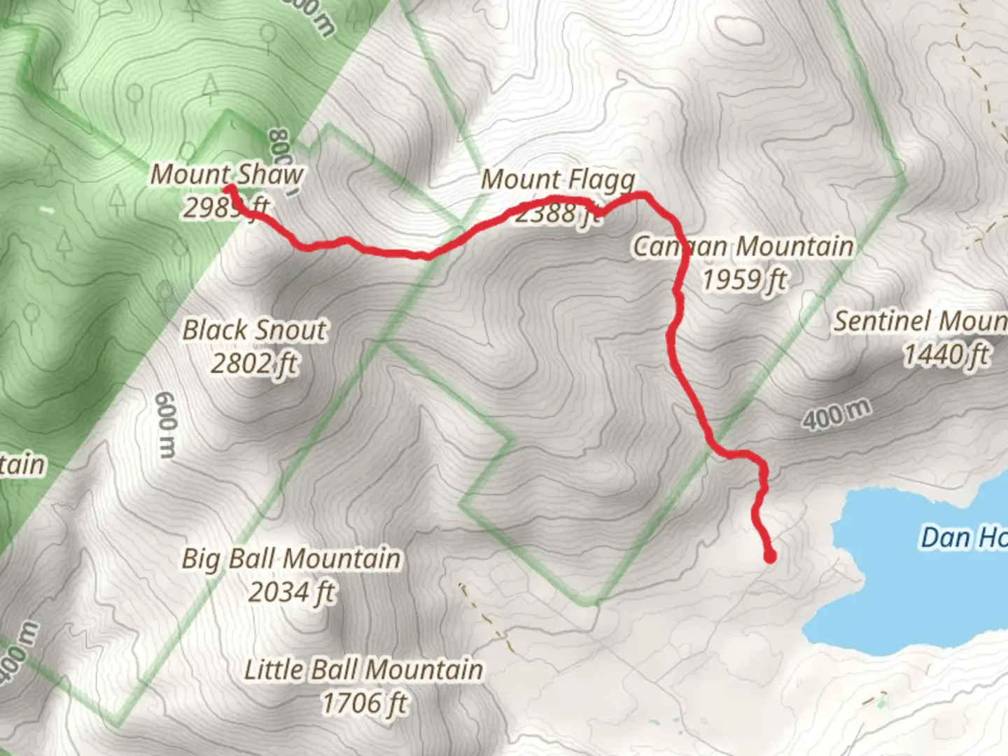 An image depicting the trail Mount Flagg and Mount Shaw Trail via Canaan Road and its surrounding area.