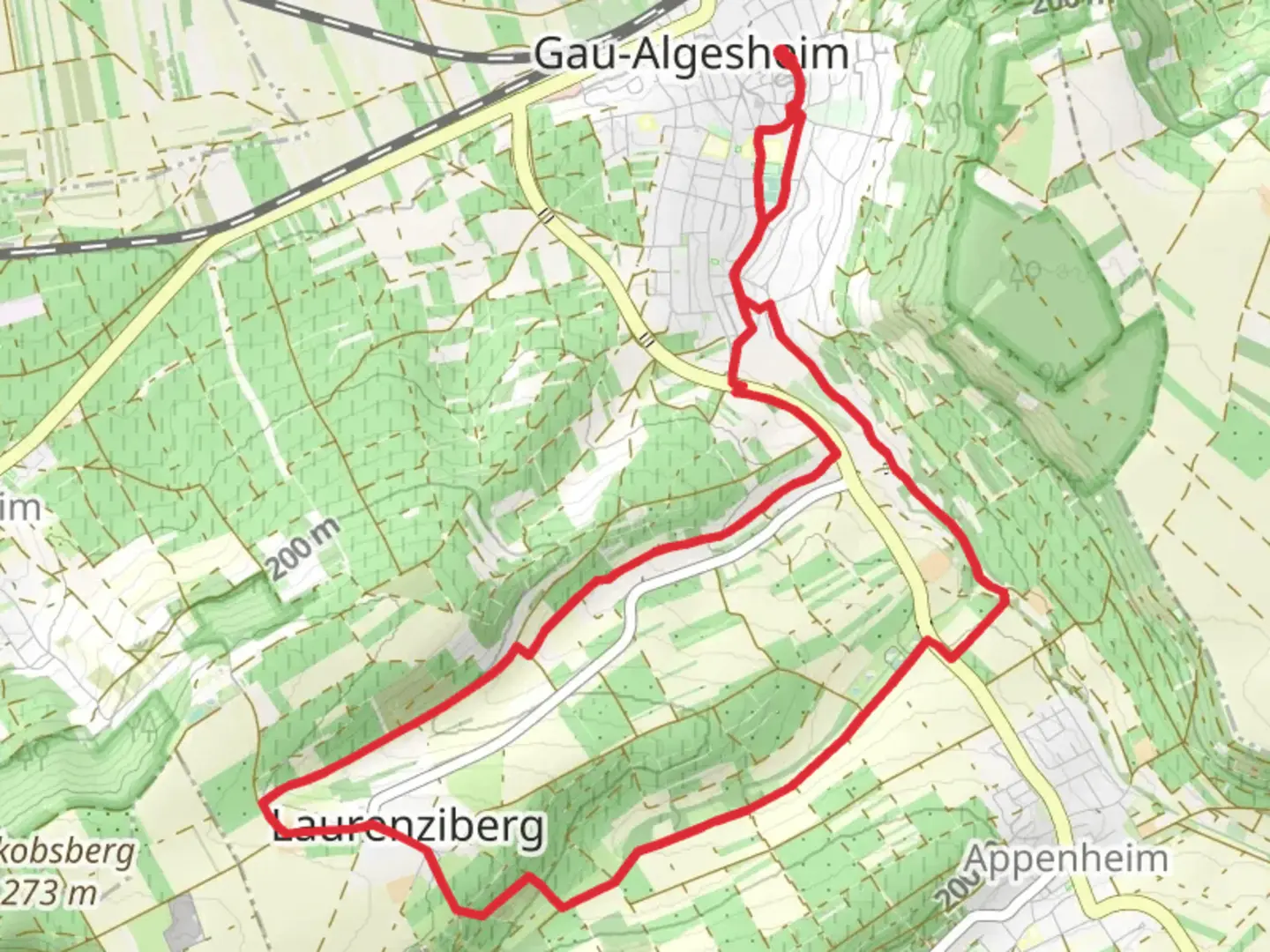 An image depicting the trail Gau-Algesheim and Appenheim Loop and its surrounding area.
