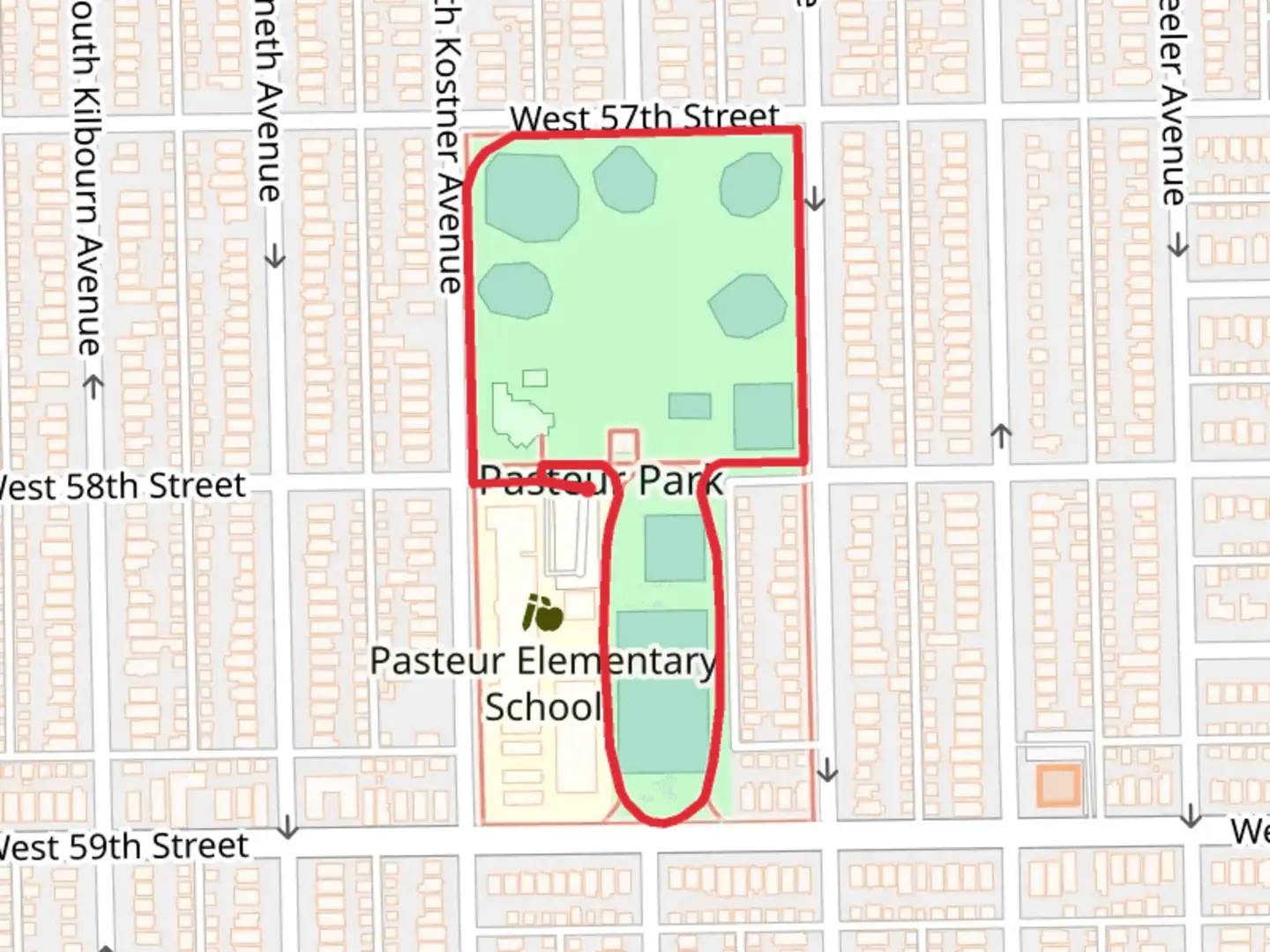 An image depicting the trail Pasteur Park Loop and its surrounding area.