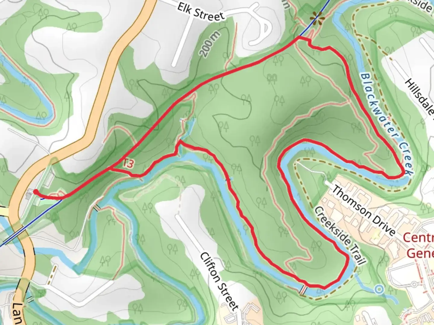 An image depicting the trail Blackwater Creek, Beaver and Creekside Loop Trail and its surrounding area.