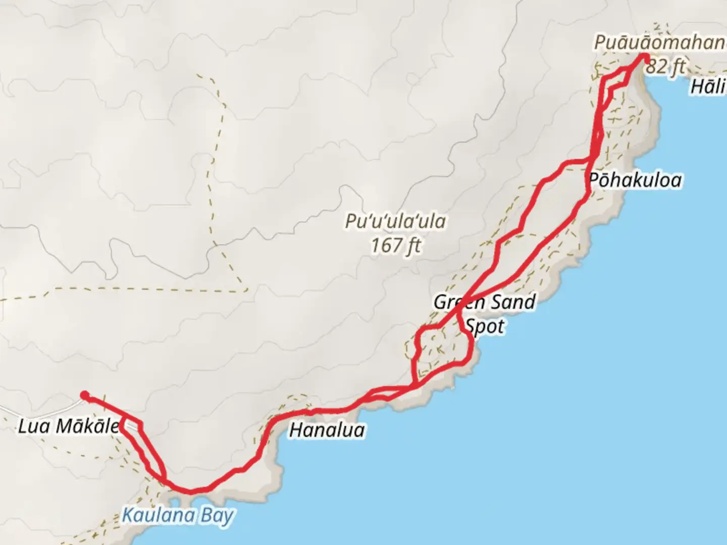 An image depicting the trail Puāuāomahana from South Point Road and its surrounding area.