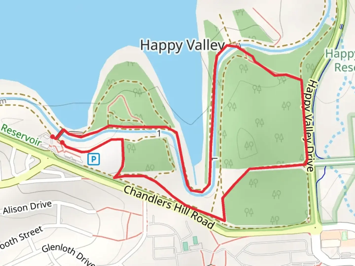 An image depicting the trail Woodland Loop - Happy Valley Reservoir and its surrounding area.